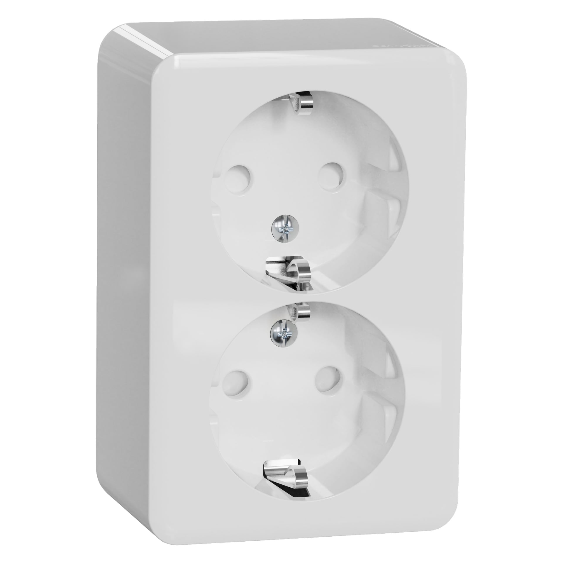 Eine weiße, rechteckige Schneider Electric Exxact Doppelsteckdose mit zwei runden Steckdosen, die für europäische Stecker konzipiert sind. Die Oberfläche ist glänzend und glatt, mit sichtbaren Schrauben und Metallkontakten in jeder Steckdose.