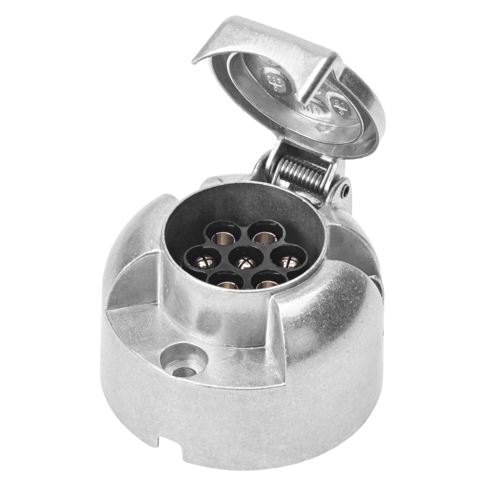 Närbild av Hamron Trailer-kontakten framhäver dess stadiga, cirkulära metalluttag med det gångjärnsförsedda locket uppfällt, vilket exponerar sju stiftskontakter inuti, avsedda för installation på ett fordon eller släp.