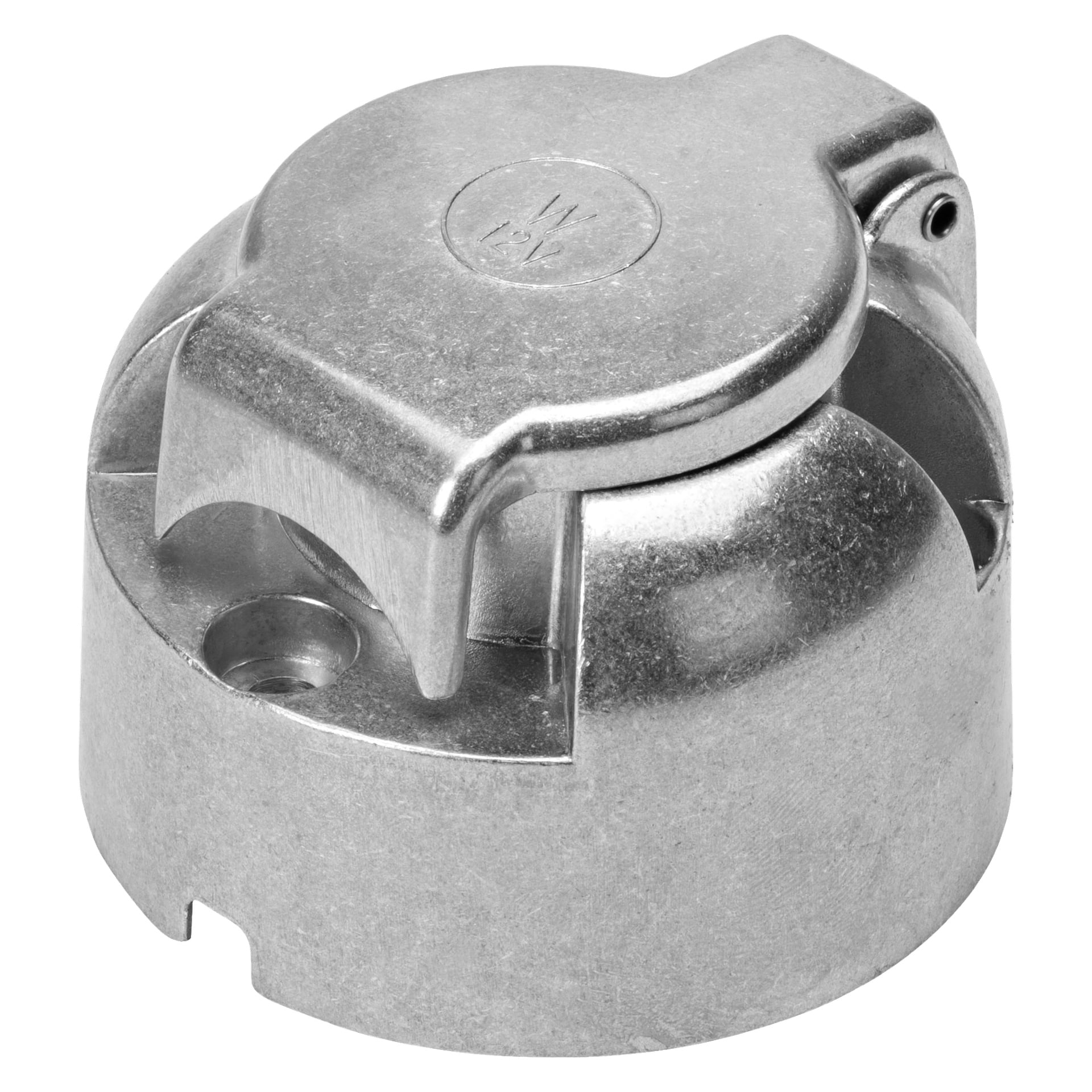 Närbild av Hamron-släpvagnskontakten, som visar dess cirkulära metallform, gångjärnsbundna lock och två monteringshål för solida elektriska anslutningar på släpvagnar.