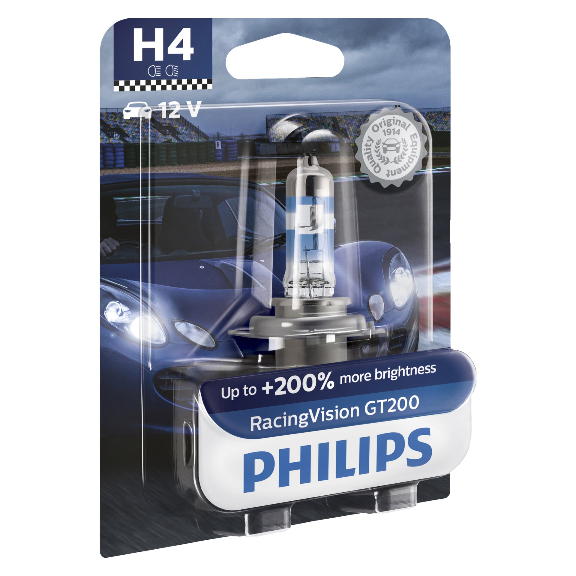 En Philips RacingVision GT200 H4 12V strålkastarlampa visas i butikslådan med en racingbilsgrafik. Förpackningen betonar upp till 200 % ökad ljusstyrka och inkluderar en Original Equipment Quality-märkning i övre högra hörnet.