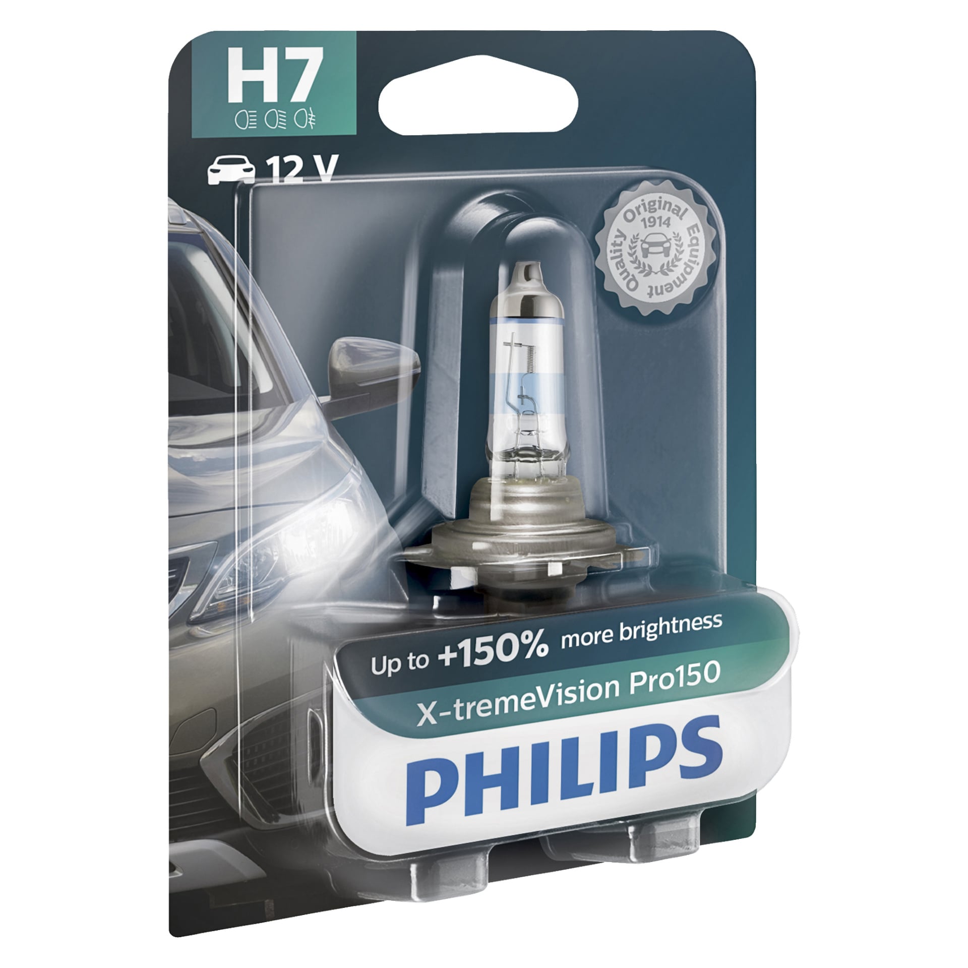 Philips bilstrålkastarlampa X-tremeVision Pro150-förpackning, med fokus på upp till 150 % ökad ljusstyrka. Lådan visar lampan bredvid en bild av en bils framsida.