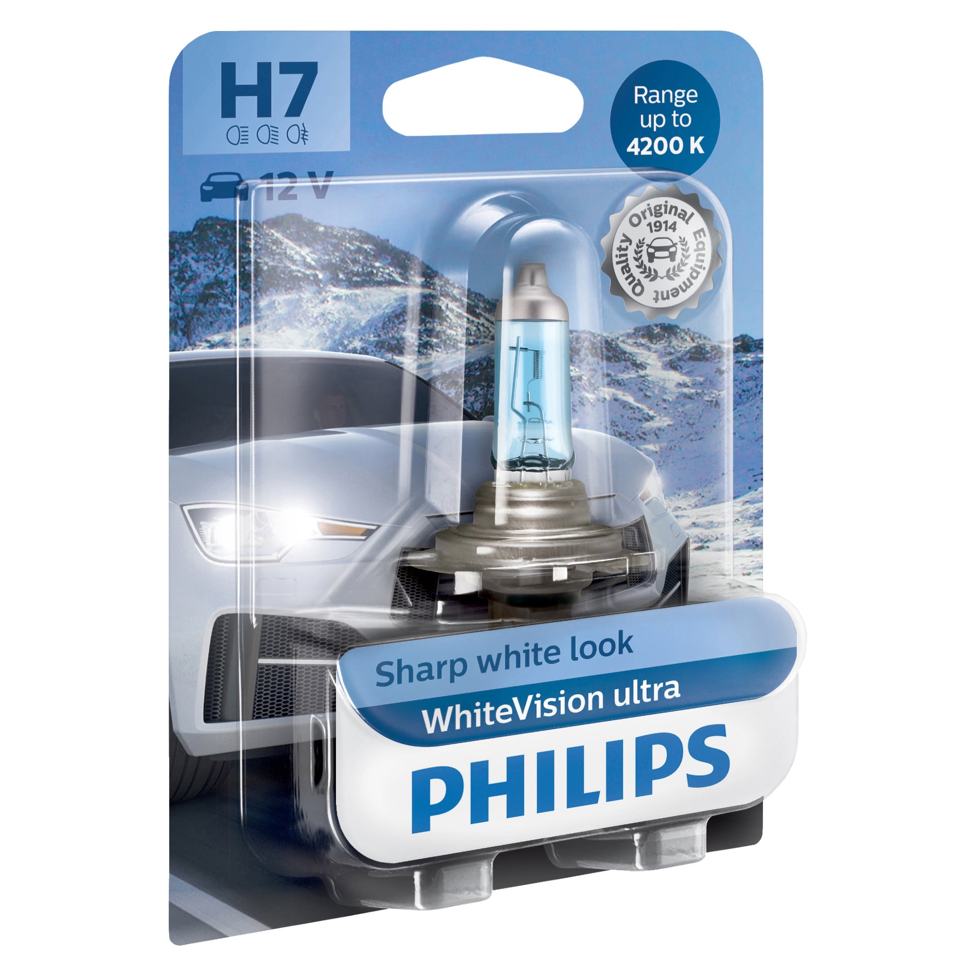 Na wyświetlaczu widnieje okładka żarówki WhiteVision Ultra z reflektorów Philips, na której widać niebieską żarówkę oraz obraz samochodu w śnieżnym otoczeniu. Opakowanie podkreśla ostre białe światło i temperaturę barwową do 4200K.