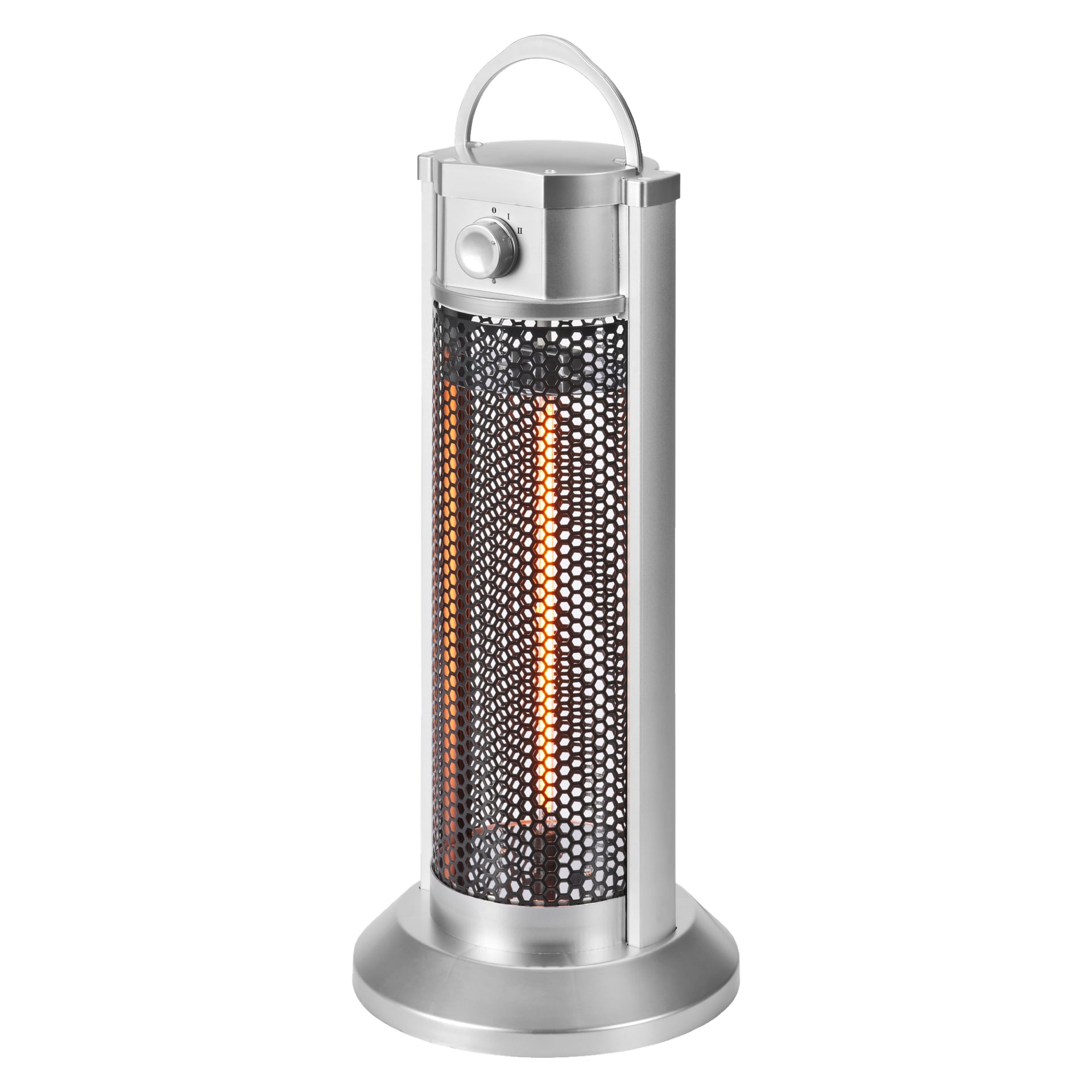 Anslut infraröd värmare är formad som en cylinder, med ett metallnät, en kontrollknopp och ett handtag på toppen, en cirkulär bas och ett orange värmeelement inuti.