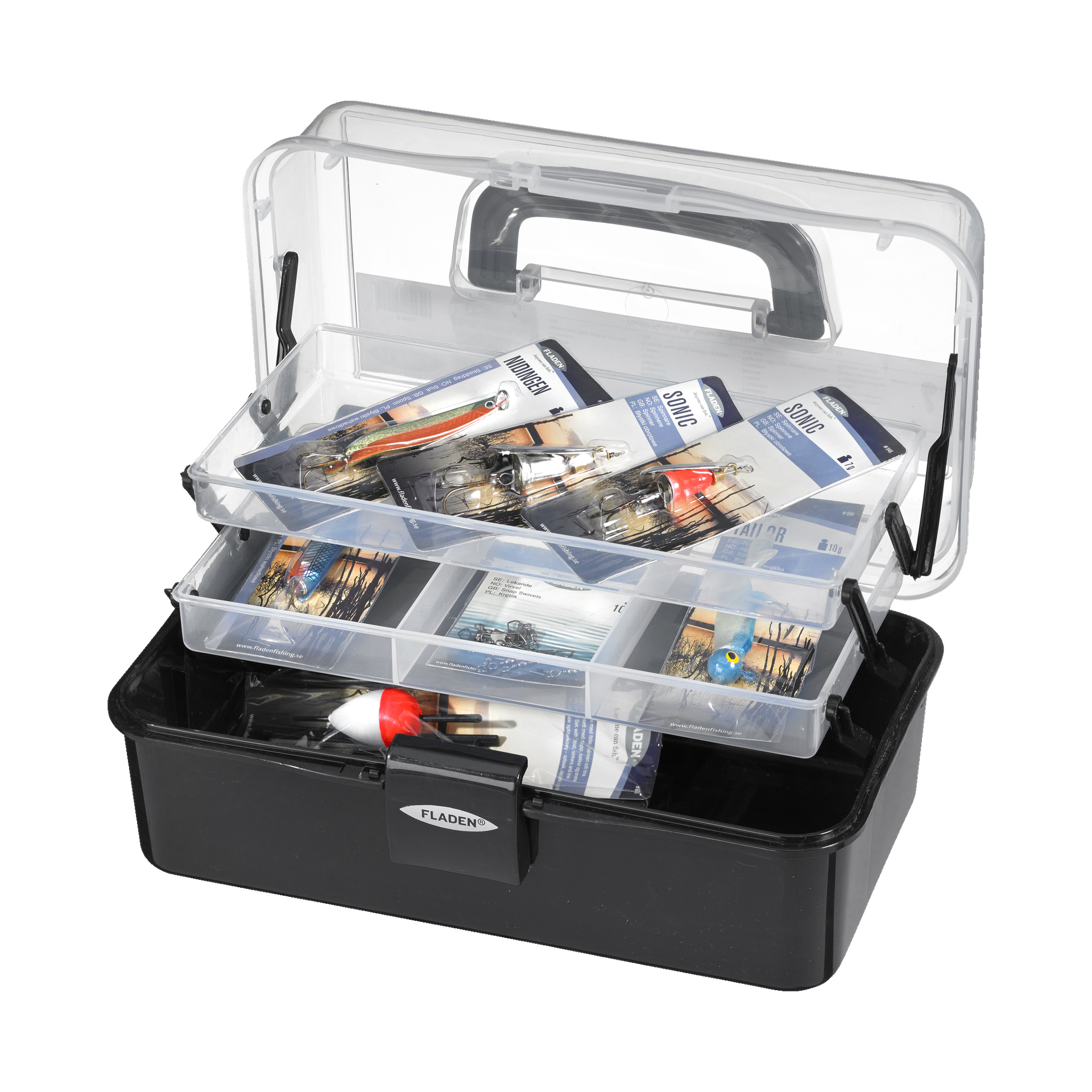 En Fladen Tackle Box med svart plastbotten och genomskinligt lock rymmer olika fiskebeten, krokar och en röd och vit flottör, allt prydligt arrangerat i två genomskinliga brickor.