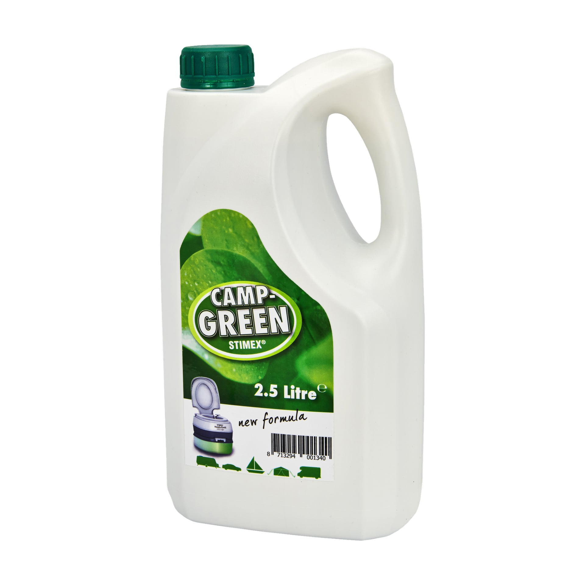 En 2,5 liters hvit plastflaske med Stimex Desinfeksjonsmiddel med grønt håndtak og kork. Etiketten har Stimex-logoen, bilder av blader og en tegning av et mobilt toalett.