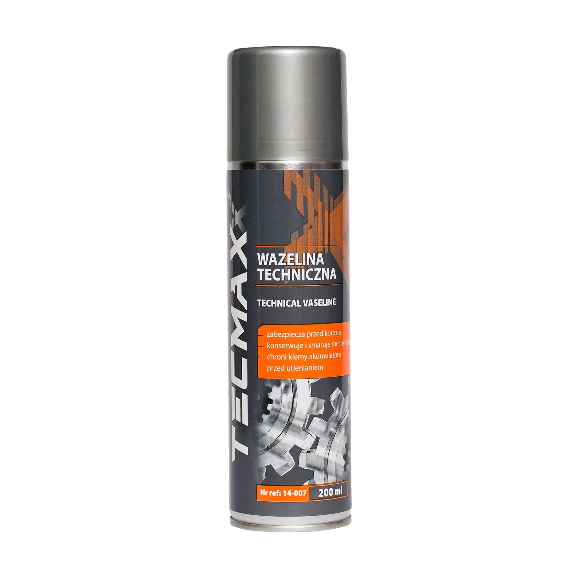 Puszka wazeliny technicznej Tecmaxx o pojemności 200 ml ze srebrną nakrętką, pomarańczowymi akcentami, grafiką o sprzęcie oraz etykietą z szczegółowymi szczegółami produktu.