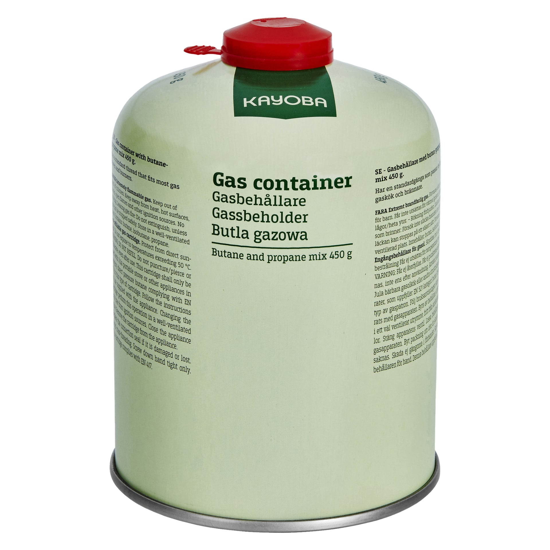 En silverfärgad Kayoba Gas-behållare med ett rött lock, som visar en etikett som anger att den innehåller 450 g blandning av butan och propan. Etiketten innehåller säkerhetsriktlinjer och produktdetaljer.