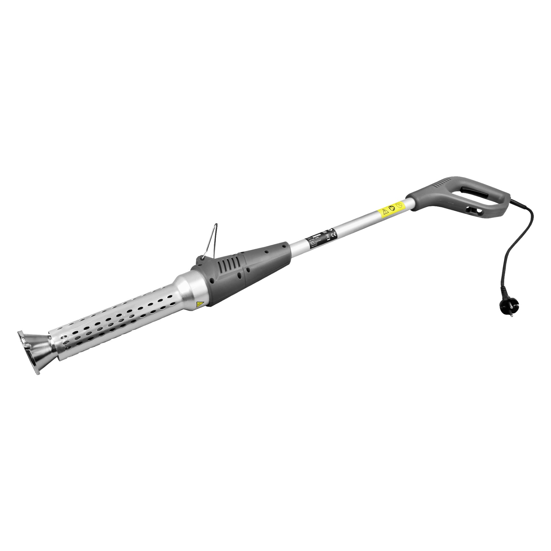Meec Tools Weed Burner har ett grått handtag, ett silverfärgat metallmunstycke med ventiler och en svart elkabel. Enheten är utformad för att ta bort ogräs med värme och visar varningsetiketter längs sin axel.