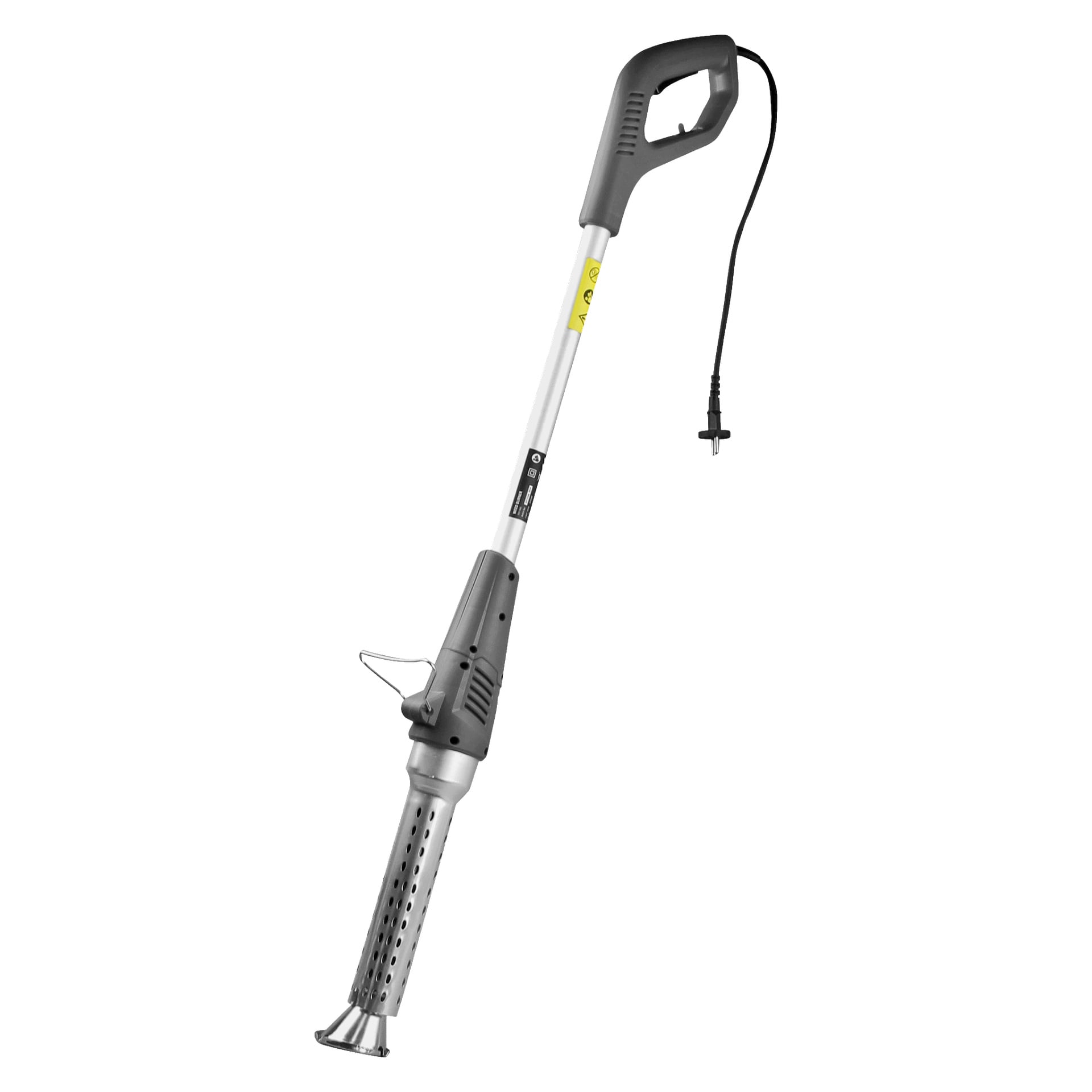 En Meec Tools weed burner med svart handtag, grå axel, ventilerat metallmunstycke och strömkabel. Apparaten använder värme för att kontrollera ogräs.