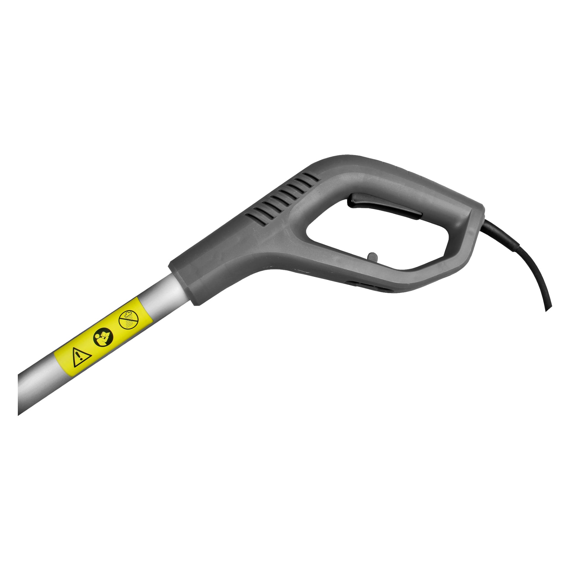 Närbild på Meec Tools Weed Burners grå och svarta handtag med en strömbrytare, fäst vid en metallstång med varningsetiketter. En svart elkabel sträcker sig från handtagets bas.