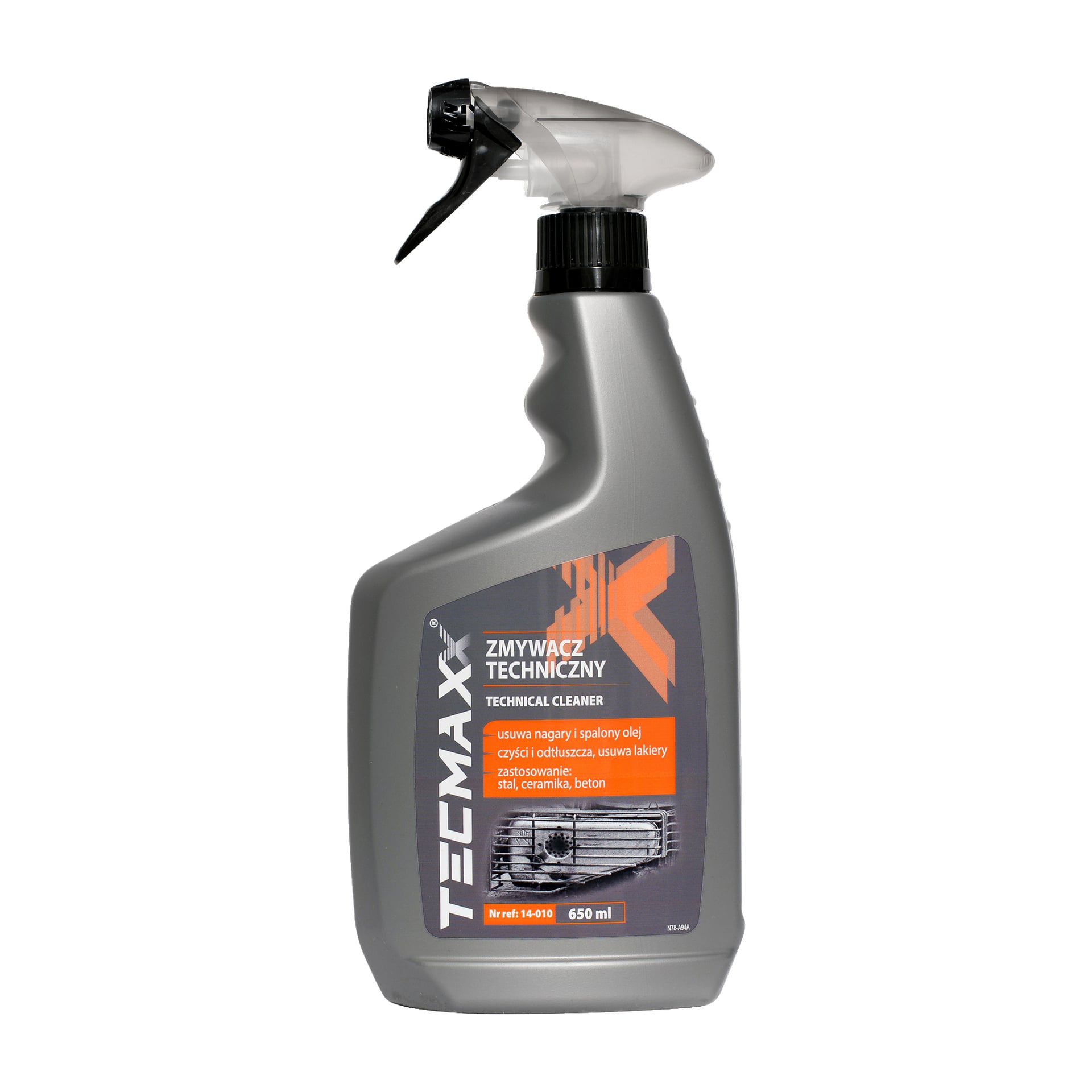 Szara butelka z rozpylaczem 650 ml z napisem Tecmaxx Super Degreasing Agent ma napis, że oczyszcza metal, ceramikę i beton. Etykieta prezentuje metaliczną fakturę z czarnymi i pomarańczowymi akcentami.