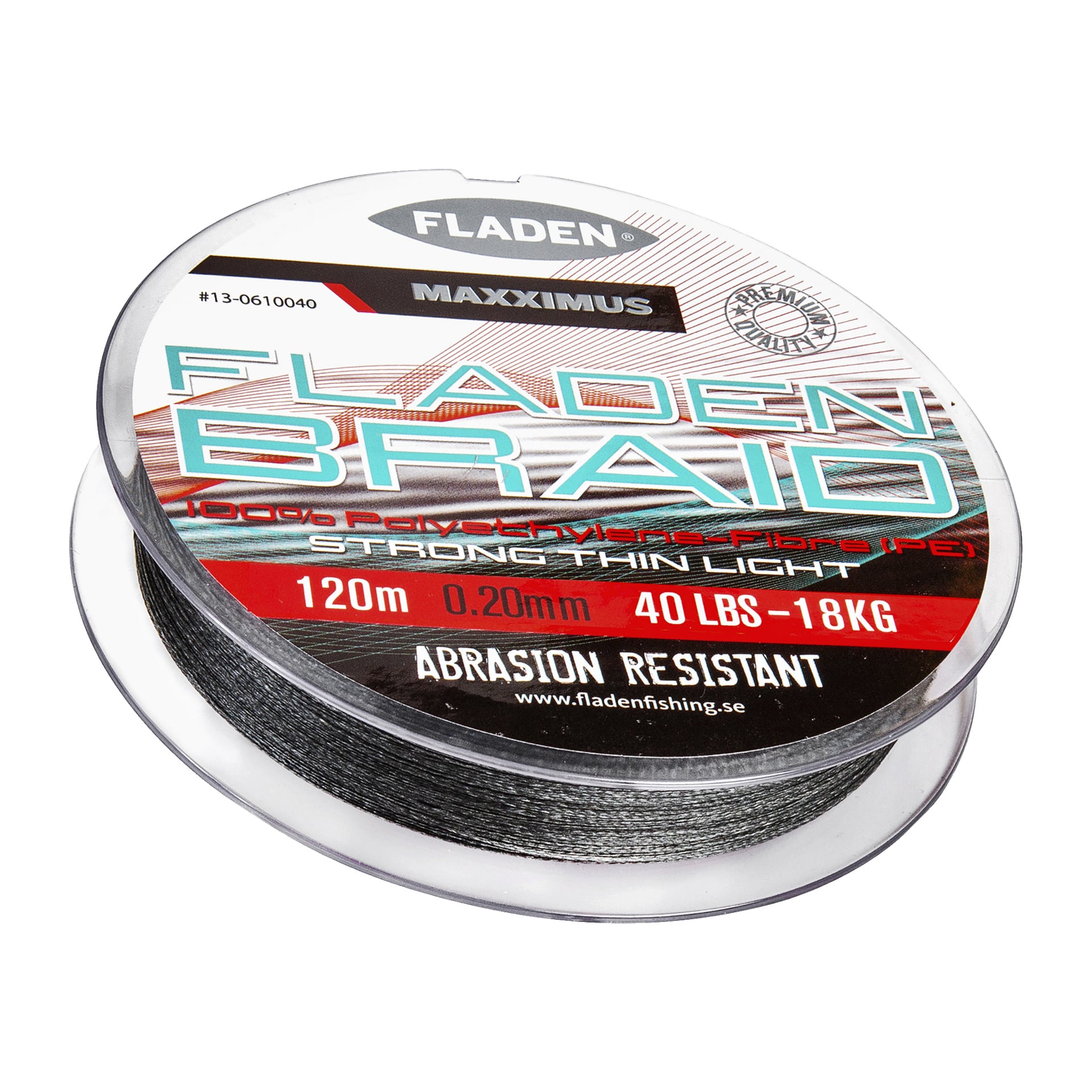 En spole med Fladen Maxximus Braid Grey fiskesnøre, med spesifikasjoner på 120 meters lengde, 0,20 mm tykkelse og en bruddstyrke på 40 lbs (18 kg). Etiketten bemerker dens sterke slitebestandighet og at den er laget helt av polyetylenfiber.