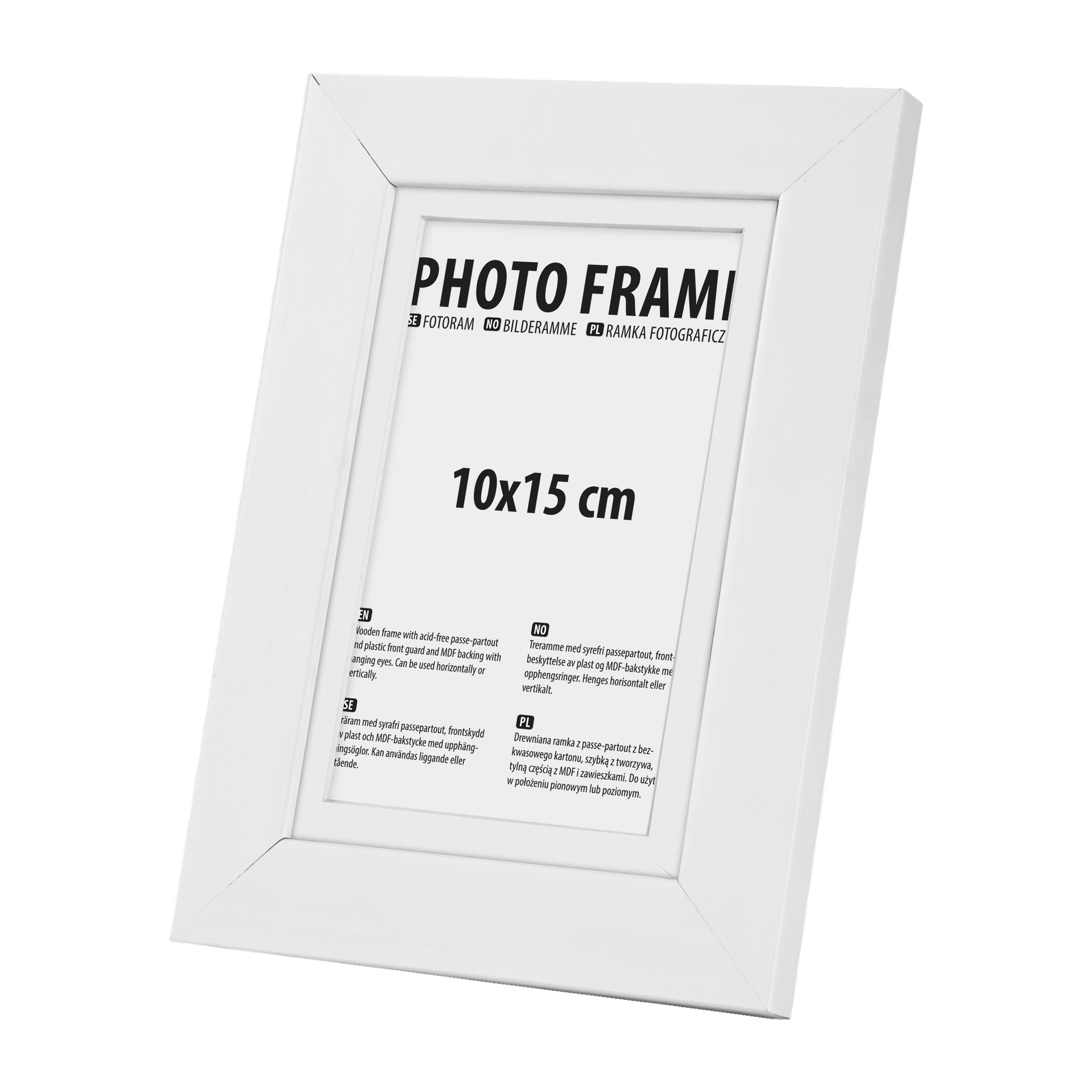 En vit rektangulär NO-brand EMW-fotoram visas i en vinkel. Insatsen visar orden "FOTORAM" och "10x15 cm" tillsammans med produktdetaljer.