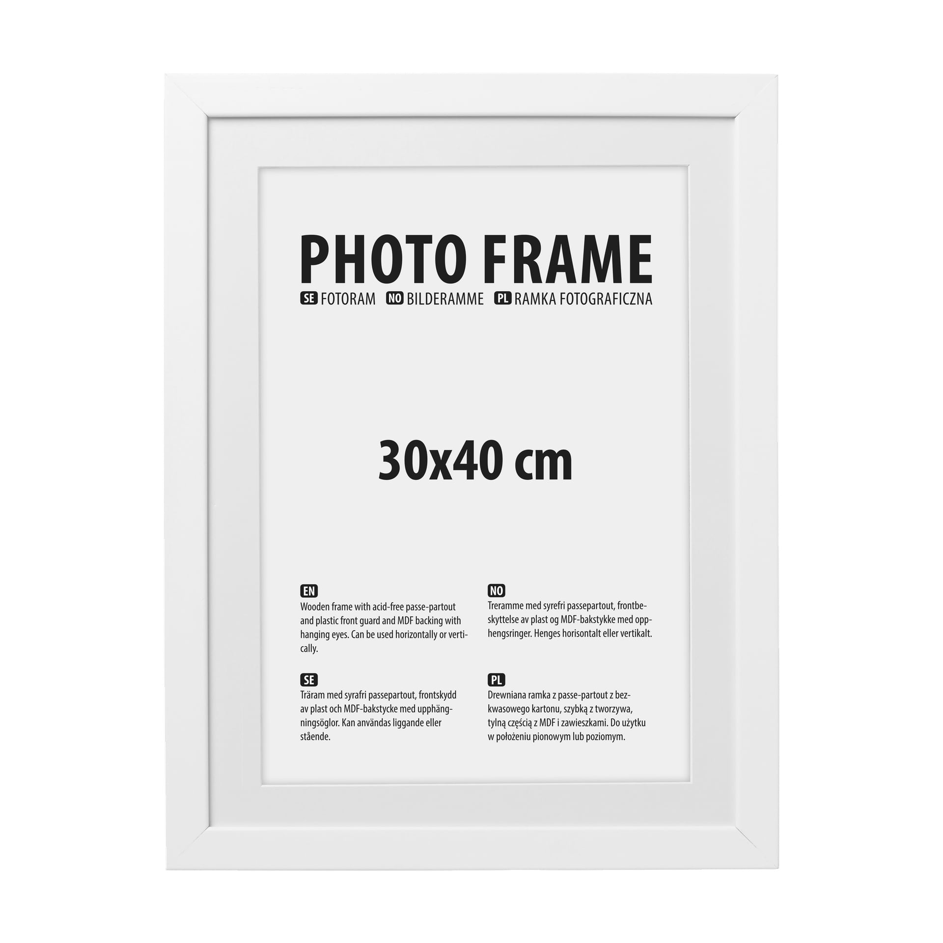 En vit rektangulär fotoram från No brand EMW med orden "PHOTO FRAME 30x40 cm" i feta svarta bokstäver i mitten, med flera produktbeskrivningar nedan.