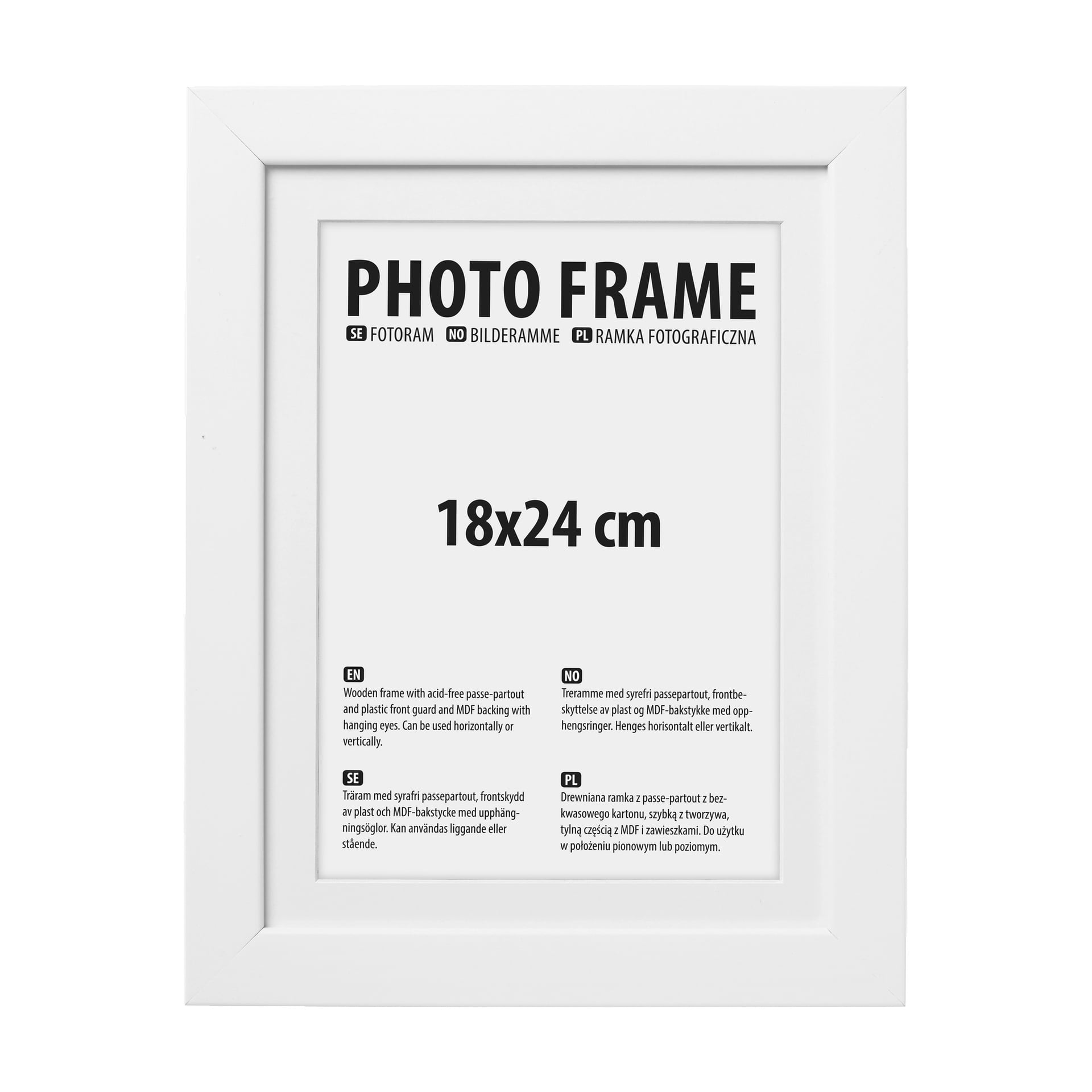 En vit rektangulär fotoram från No brand EMW med en platshållarinsats som visar "FOTORAM 18x24 cm" i fetstil och skötselinstruktioner.