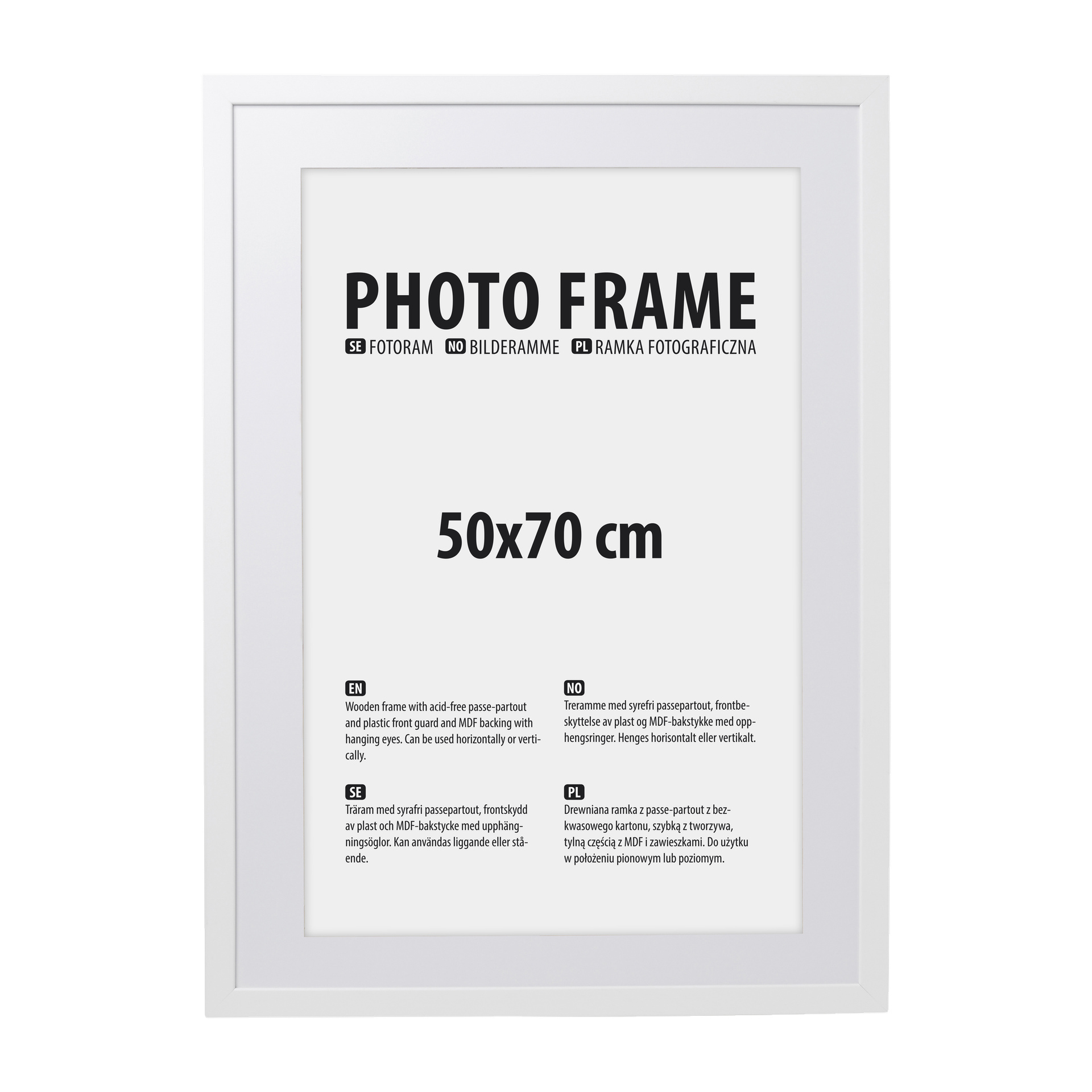 En vit rektangulär fotoram från No brand EMW med tryckt text på den inre platshållaren som visar storleken 50x70 cm och inkluderar beskrivningar av ramen och passe-partouten.