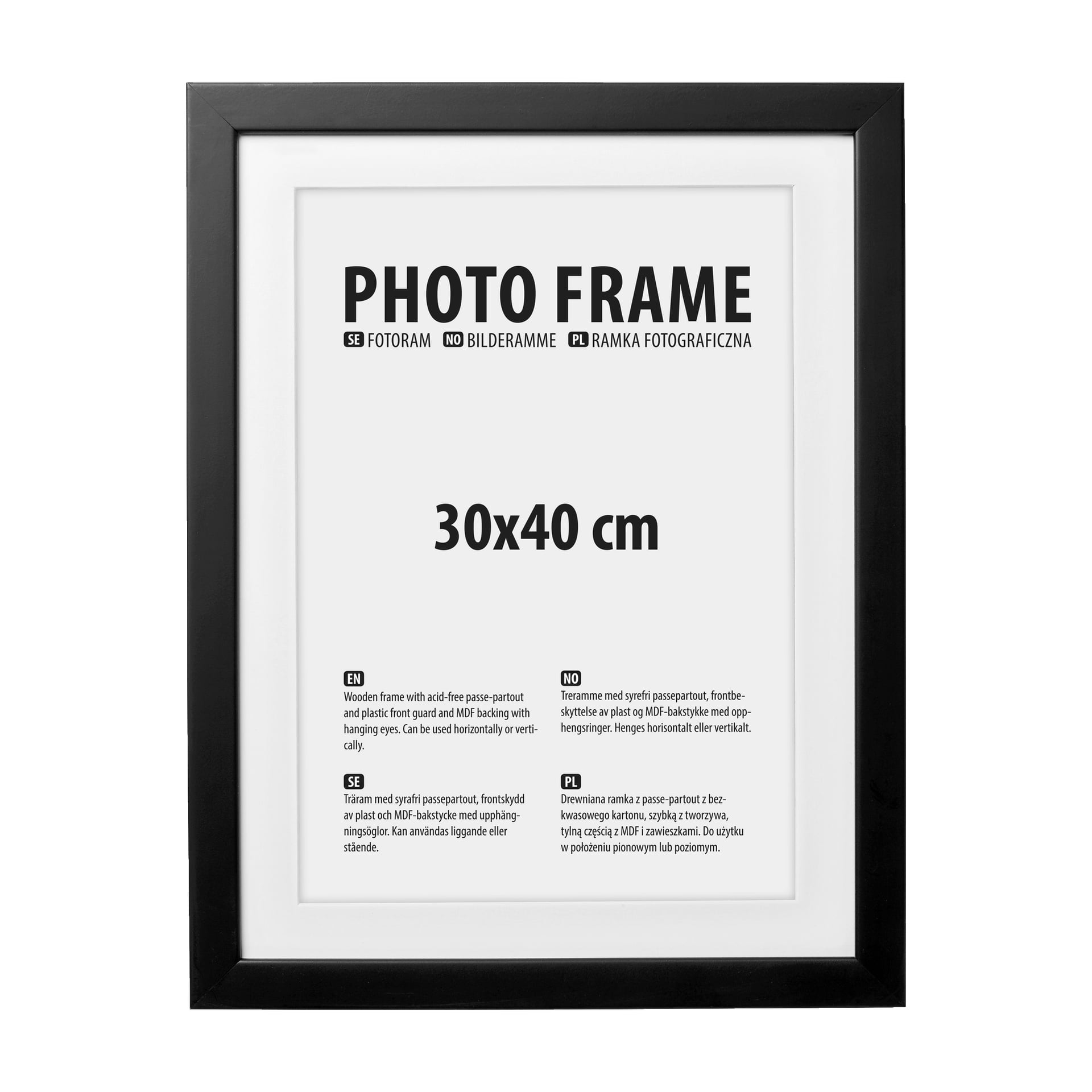 En svart No-brand EMW-bilderamme med en hvit matte, som viser ordene "PHOTO FRAME" og "30x40 cm," sammen med ekstra produktinformasjon.