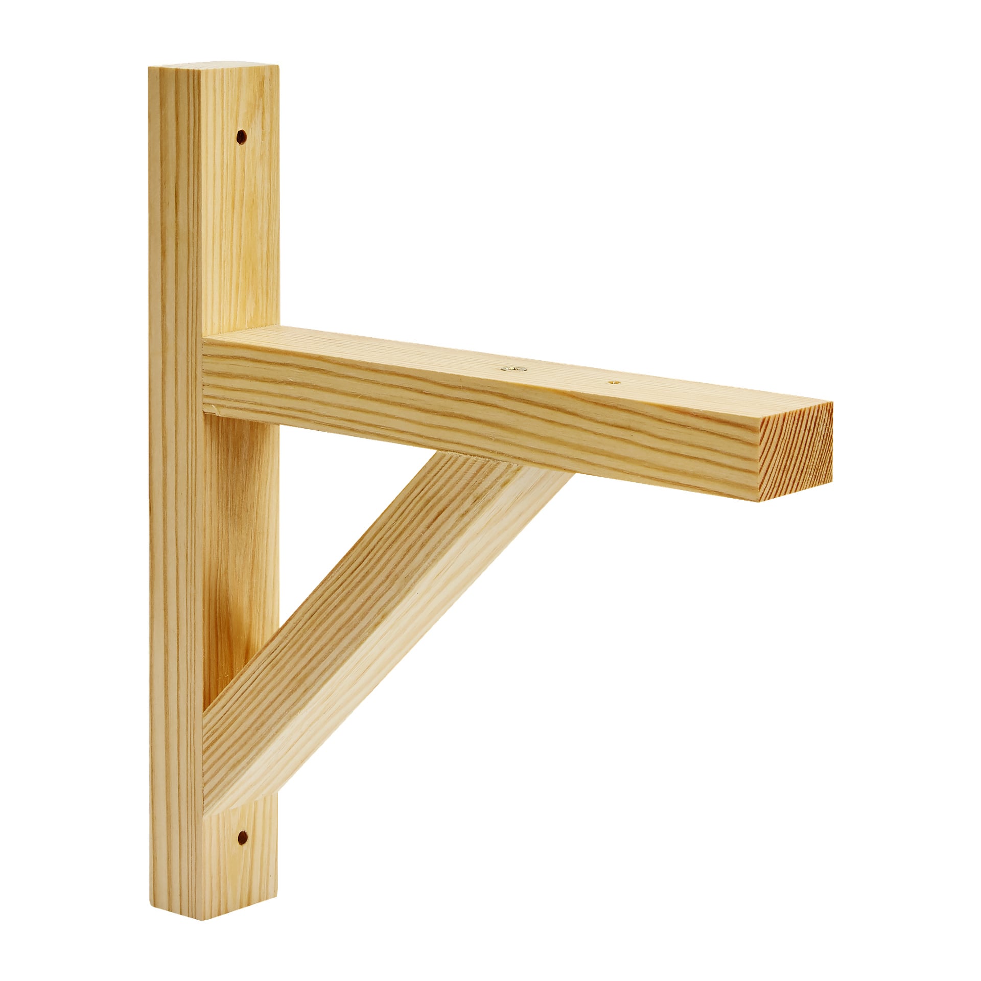 Puinen Hard Head Bracket, jossa on kevyt viimeistely, on pystysuora tuki, vaakasuora varsi ja vinotta. Pystysuora osa näyttää kiinnitysreiät.