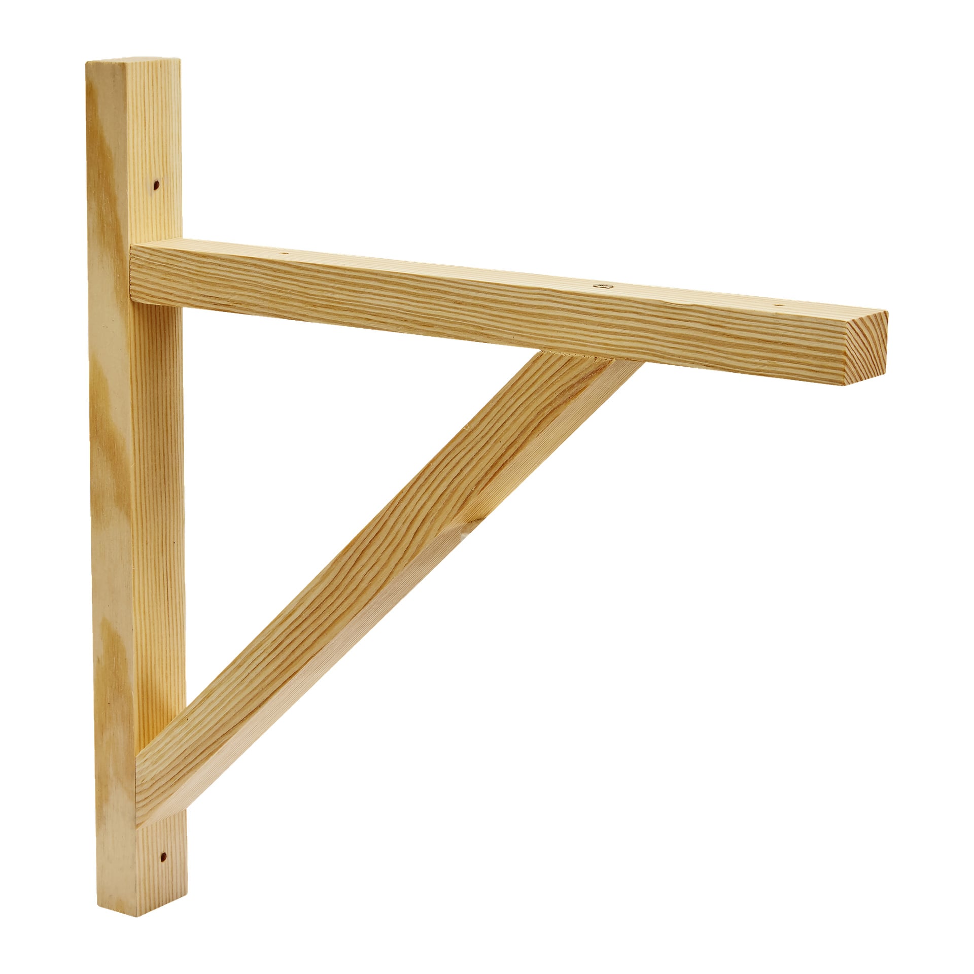 Ett träfäste för hårdt huvud består av ett vertikalt stöd, en horisontell balk och en diagonal stag, alla sammanfogade för att skapa en rätvinklad triangel. Träet har en blek naturlig finish.