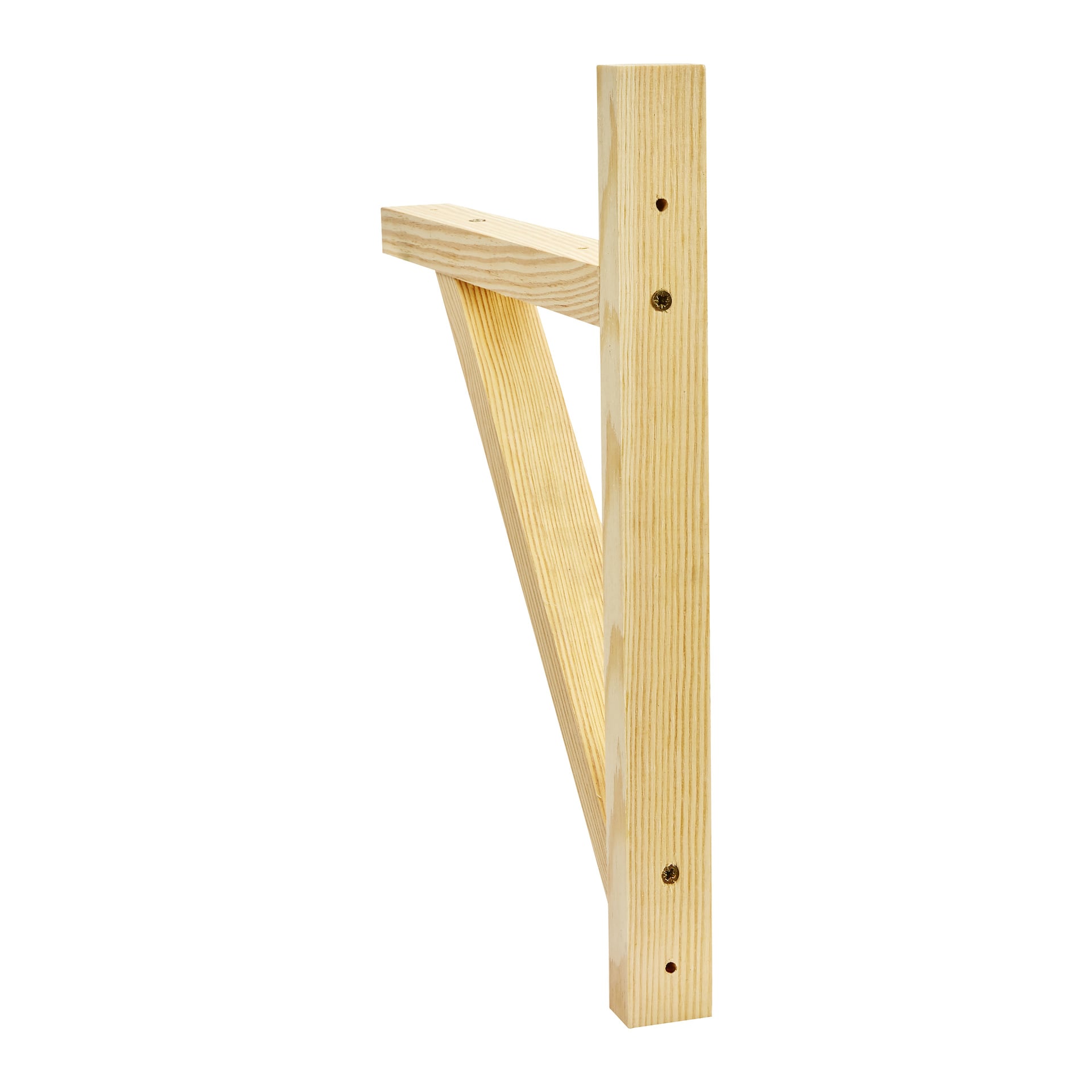 Hard Head Bracket består av tre träbalkar arrangerade i en triangel, fastsatta med skruvar. Den naturliga träådringen är tydligt synlig genom hela dess obehandlade ytbehandling.