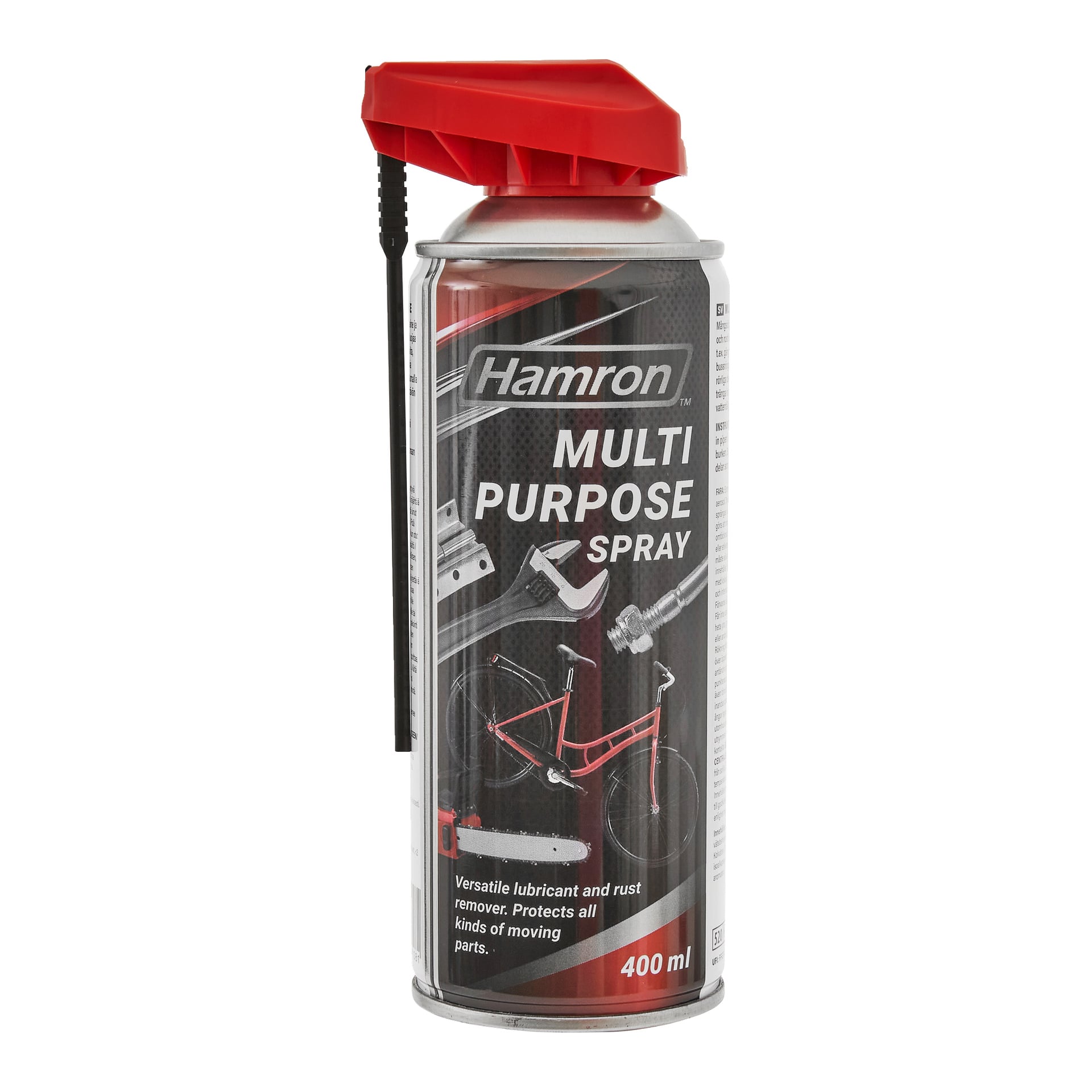 En 400 ml Hamron multipurpose sprayburk med röd lock och ett fastsatt sugrör. Etiketten visar bilder på en skiftnyckel, cykel och motorsåg, vilket visar dess funktion som mångsidig smörjmedel och rostborttagare.