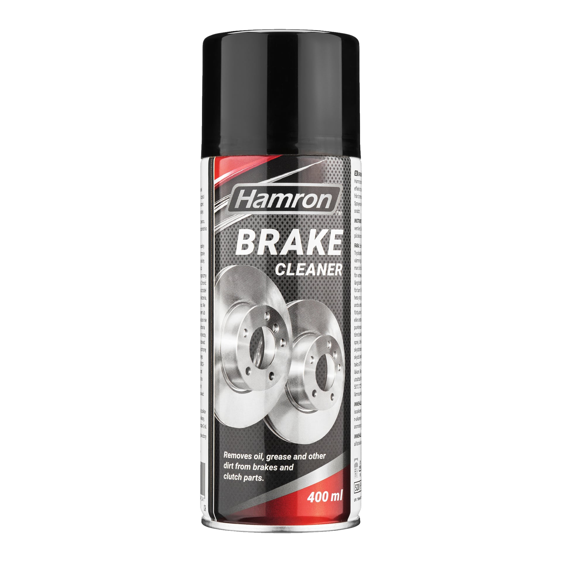 En 400 ml aerosolburk med Hamron Brake Cleaner med en svart, silverfärgad och röd etikett som visar bilder på bromsskivor. Märkningen framhäver dess effektivitet för att ta bort olja, fett och smuts från broms- och kopplingsdelar.