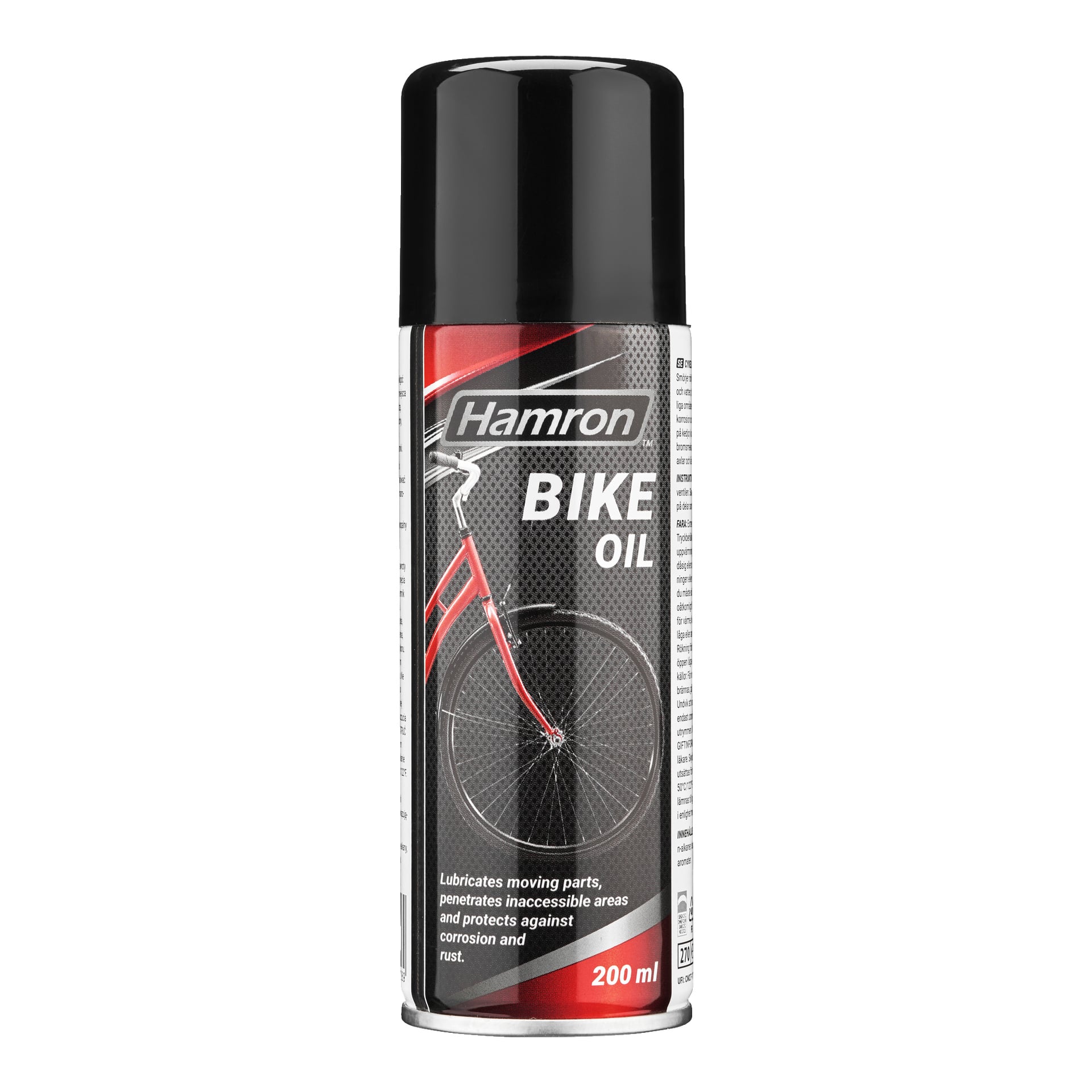 En 200 ml Hamron Cycle Oil-burk med svart lock. Den röda, svarta och silverfärgade etiketten visar en cykelhjulsillustration och listar smörjning, korrosionsskydd och rostskydd bland sina funktioner.