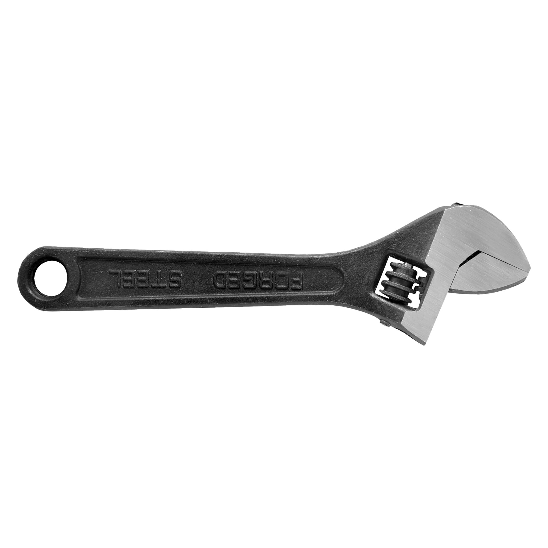 Musta Meec Toolsin säädettävä jakoavain, jossa on teräskahva, jossa on reikä kärjessä. Leuat ovat hieman auki ja siellä on säätölaite. Kahvaan on kaiverrettu sanat "FORGED STEEL".