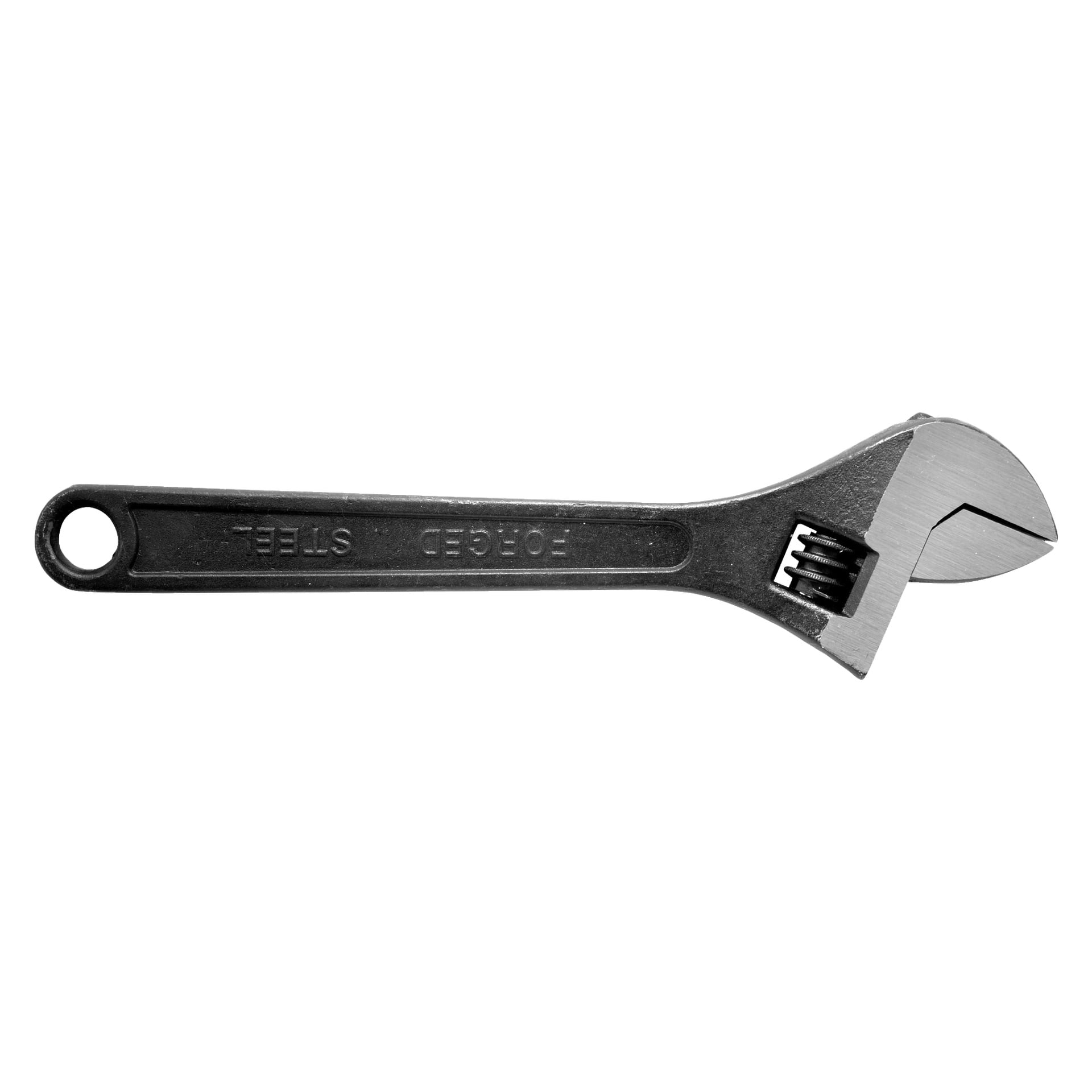 En justerbar skiftnyckel från Meec Tools med svart handtag och rörlig käke ligger horisontellt. Handtaget har orden "STEEL" och "Meec" präglade på sig.