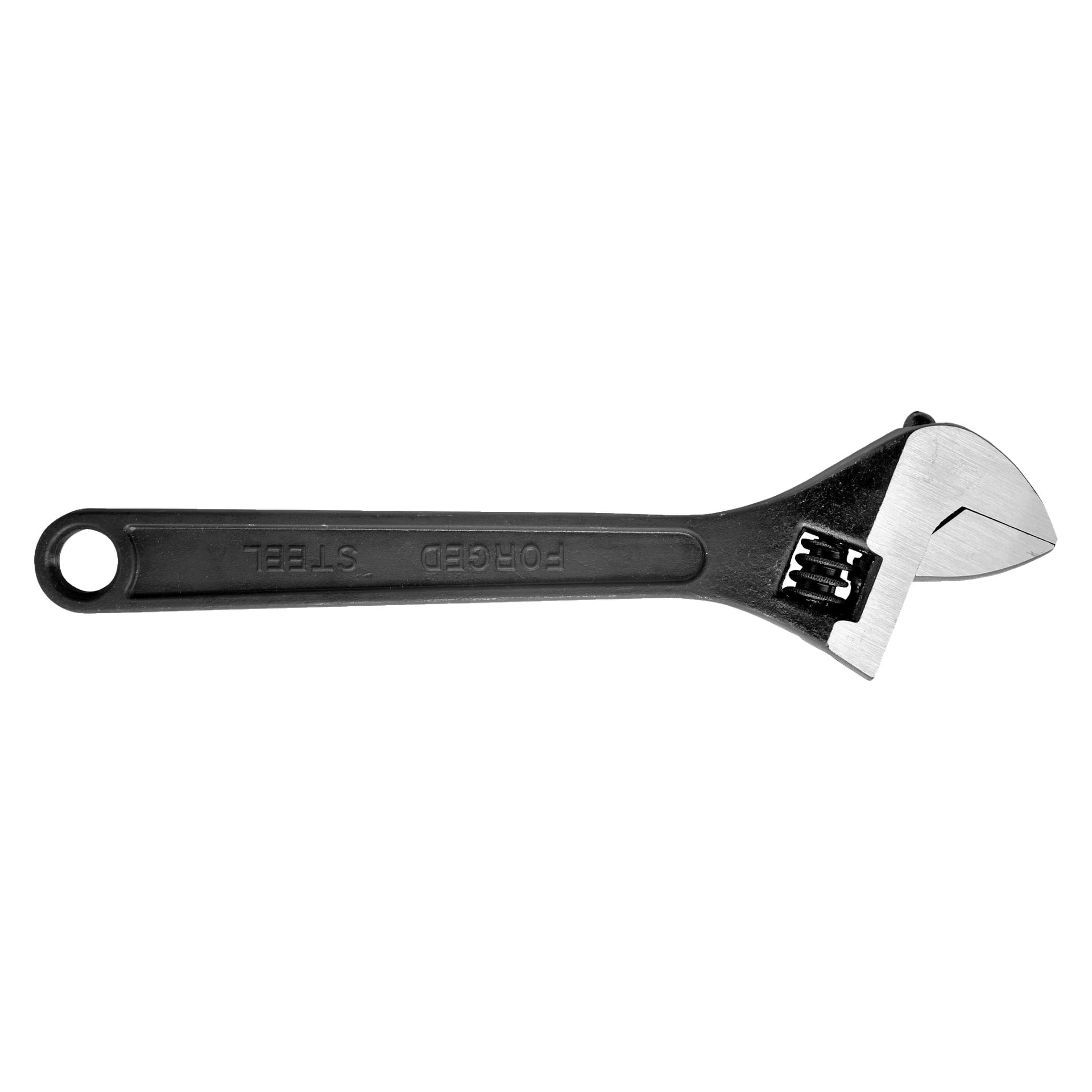 En justerbar skiftnyckel från Meec Tools med svart handtag märkt med orden FORGED STEEL.