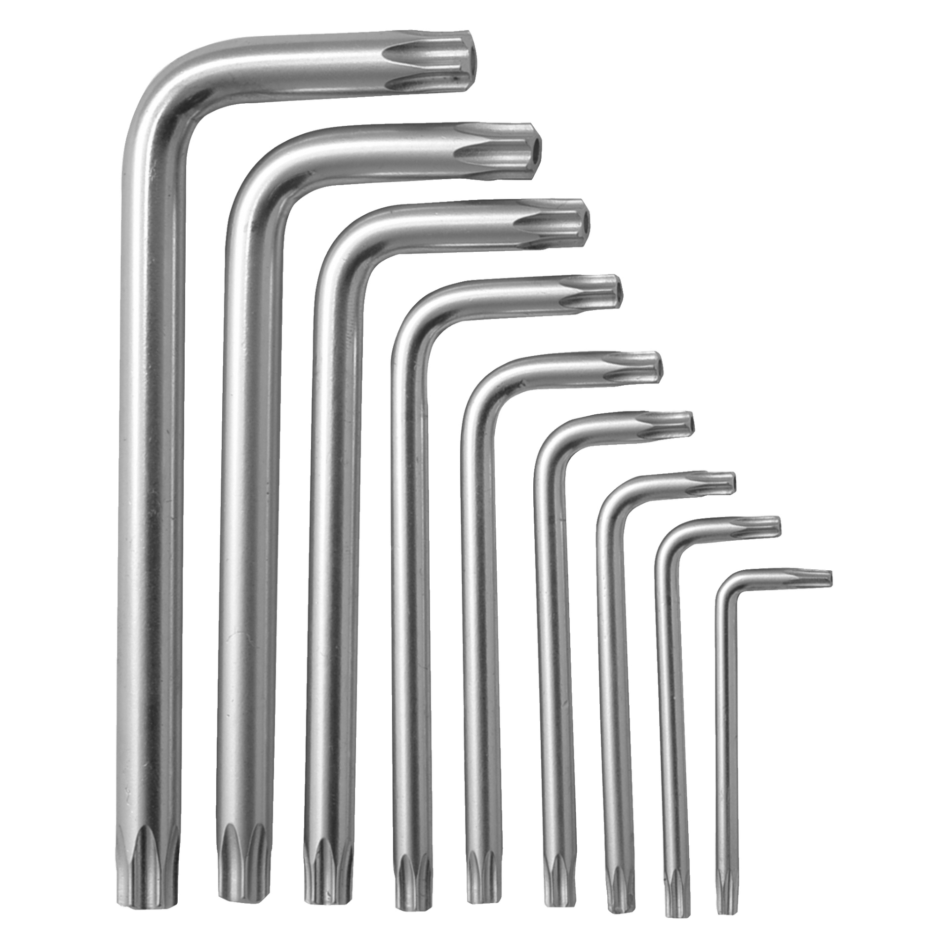 Yhdeksän hopeista Torx L-avainta Meec Toolsin Torx-jakoavainsarjasta, 9 osaa, on asetettu koon mukaan, jokaisella tähdenmuotoinen kärki ja suorakulmainen mutka.