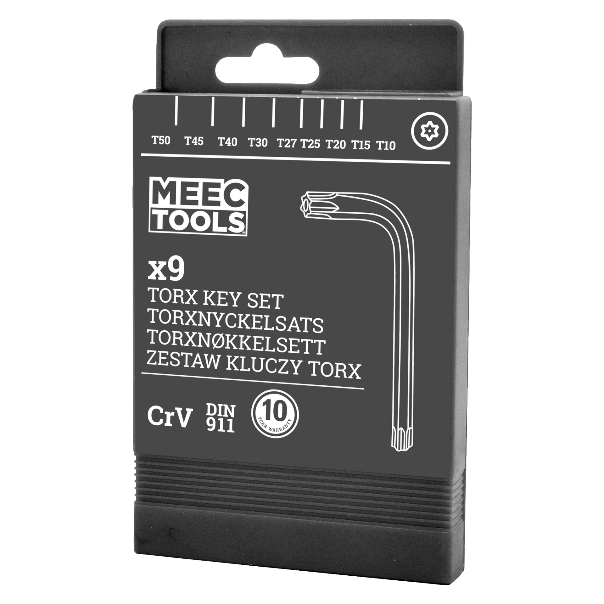 Musta pakkaus Meec Toolsin 9-osaiselle Torx-avainsarjalle, koot T10–T50, CrV-teräs, DIN 911, 10 vuoden takuu, tiedot annettu useilla kielillä; L-muotoinen Torx-avain näkyy edessä.