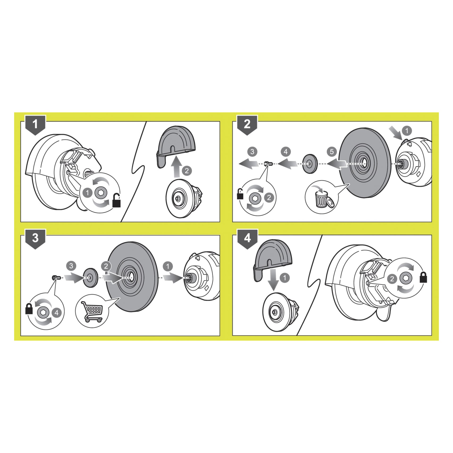 Steg-för-steg-illustrerade instruktioner som visar hur man fäster eller tar bort Ryobi One+ Nylon-borsten för RAC818-beläggningsskrapan. Numrerade pilar visar varje åtgärd i ordning, och låsikoner visar vilka steg som innebär att borsten säkras eller släpps.