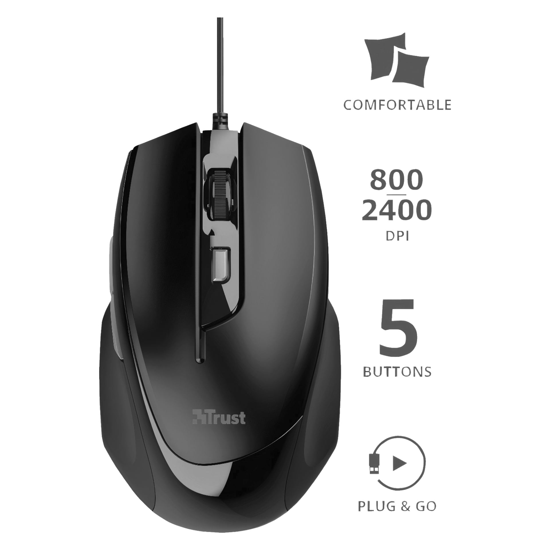 En svart Trust Voca Comfort-datormus med fem knappar och justerbara DPI-inställningar från 800 till 2400, med bekväm design och Plug & Go-funktionalitet.