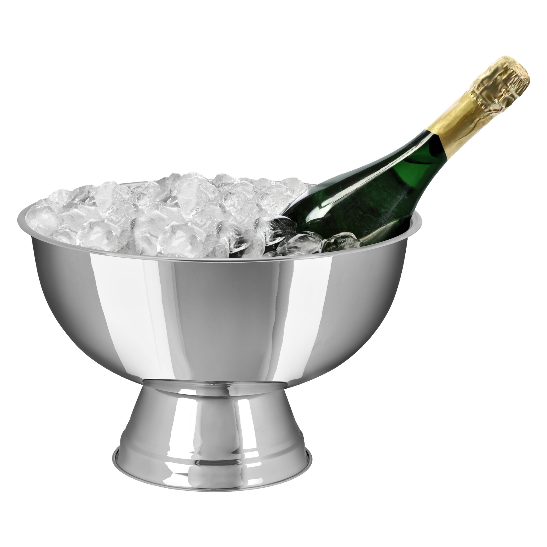 En grønn champagneflaske pakket inn i gullfolie står i en Menuett Champagne-kjøler fylt med isbiter. Kjøleboksen har en bred, rund kropp og står på en sokkel.