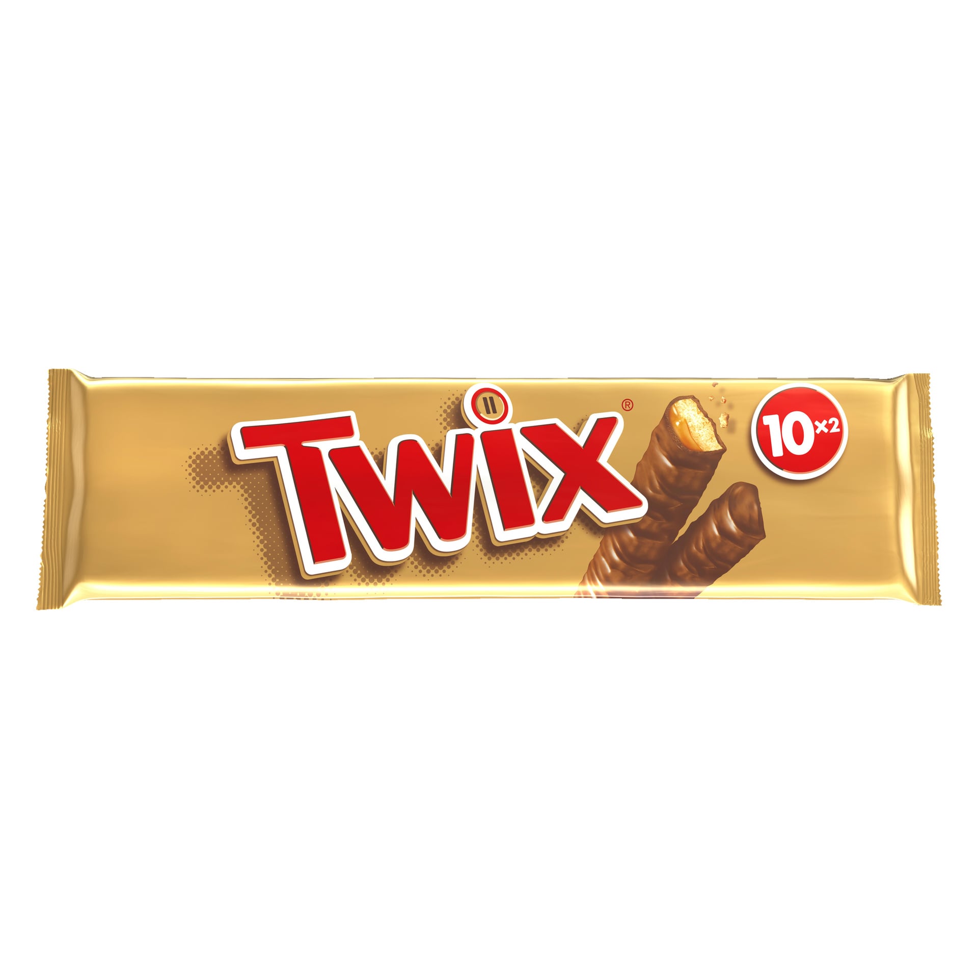 Ett glänsande guldfärgat Twix 10-pack omslag visar den framträdande röda Twix-loggan, bilder på två chokladöverdragna bars och en röd cirkel med "10 x 2", vilket visar att det finns tio paket med två bars vardera.