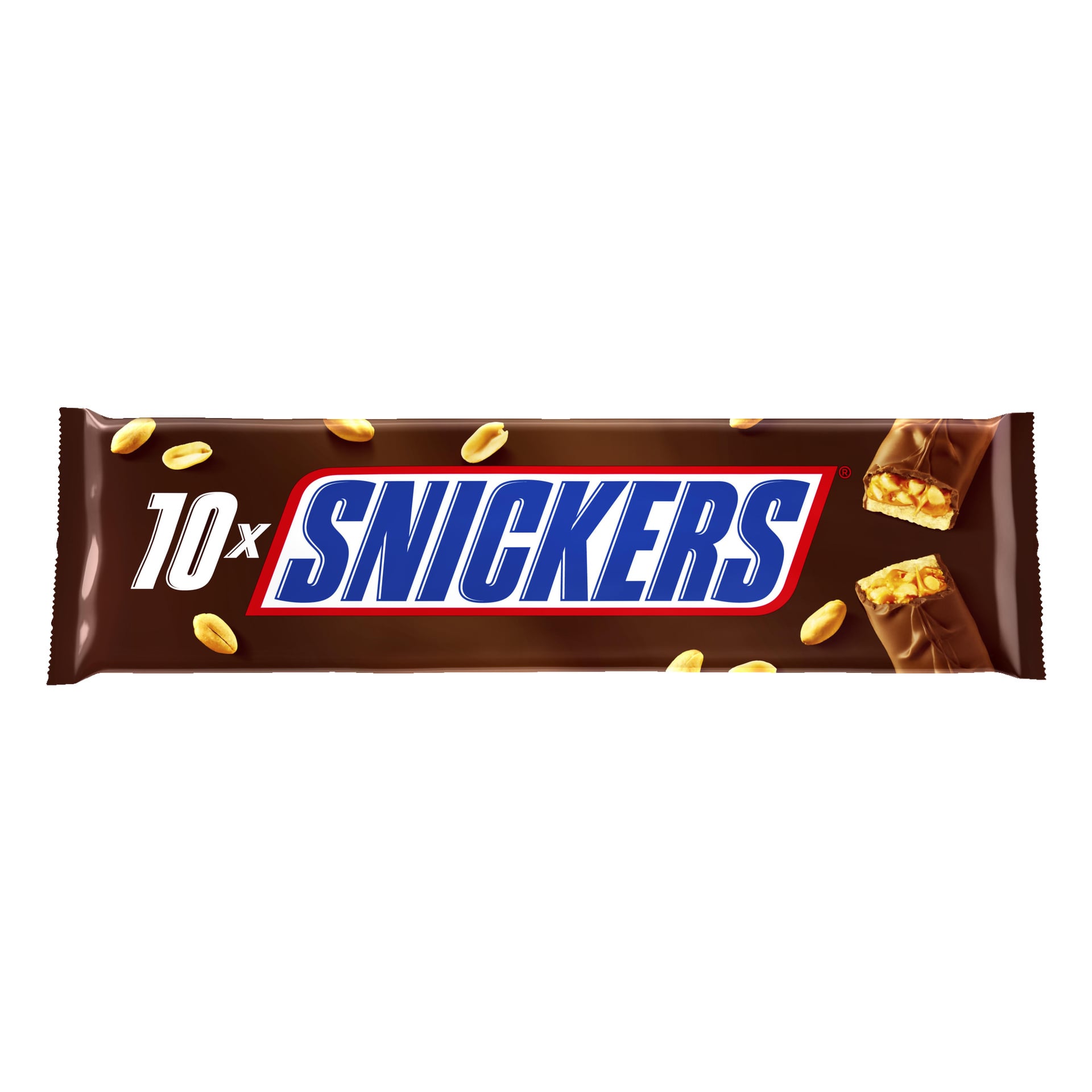En Snickers 10-paknings innpakning med SNICKERS-logoen i store bokstaver, med bilder av peanøtter og biter av Snickers-barer på en brun bakgrunn.