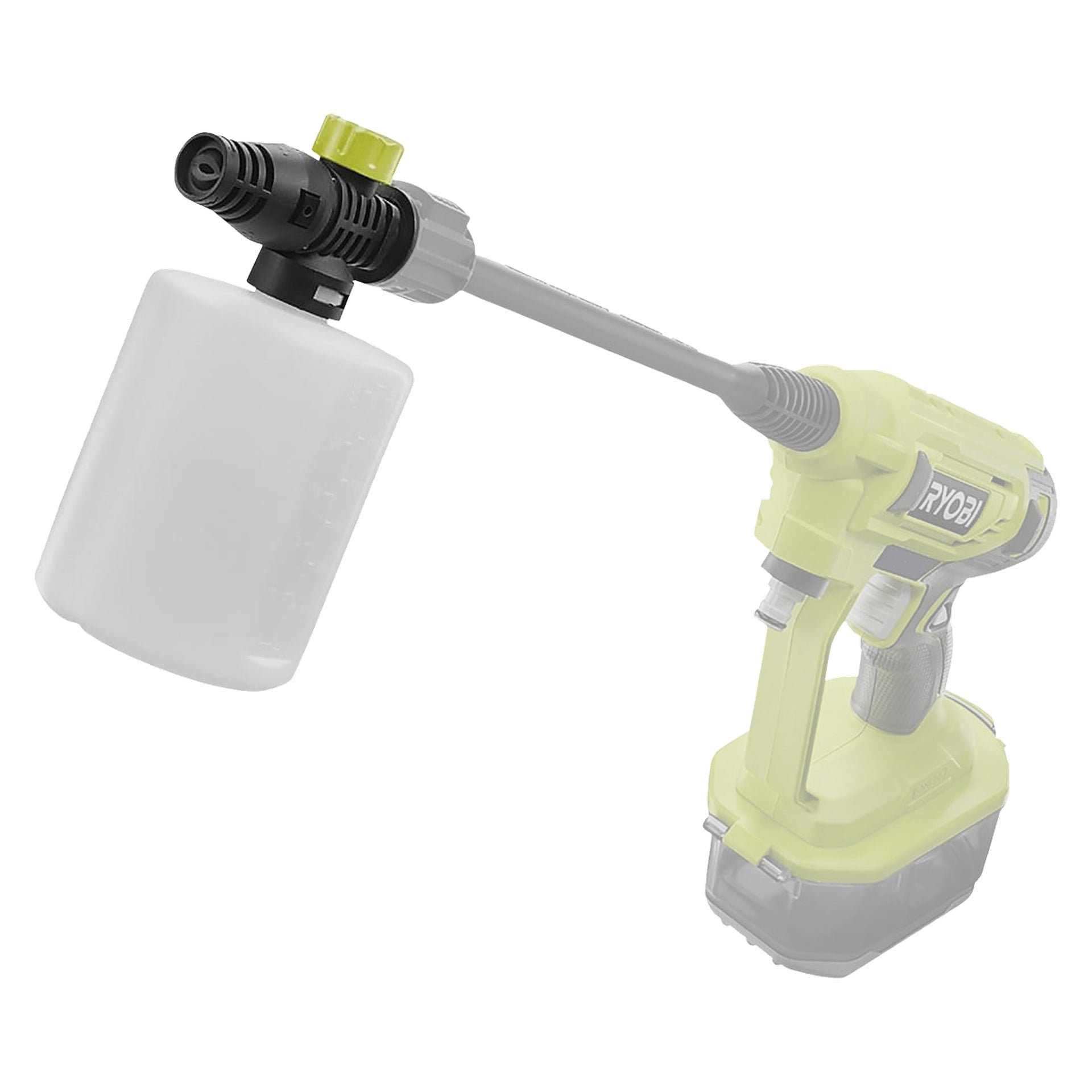 En Ryobi One+ kemikaliebehållare (RAC748) är fäst vid ett handhållet, batteridrivet rengöringsverktyg. Behållaren utmärker sig som huvudfunktionen, med verktygskroppen blekt i bakgrunden för att framhäva kemikaliedispensören och spraymunstycket för att applicera rengöringsmedel.