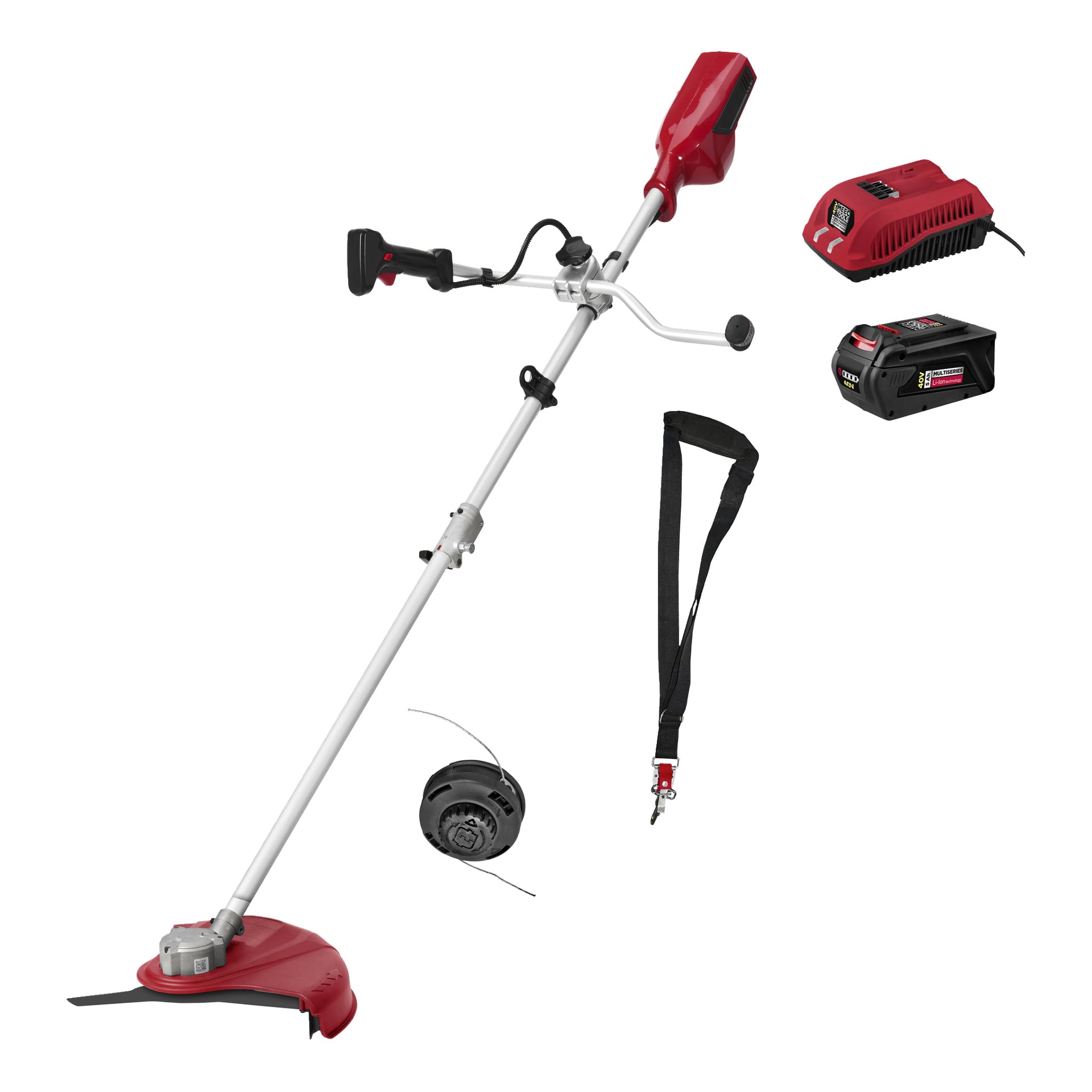 En röd och silverfärgad Meec Tools Multiseries 40 V borstskärare med sladdlös design, visad med blad- och snördspolfästen, axelrem, batteri och laddare.