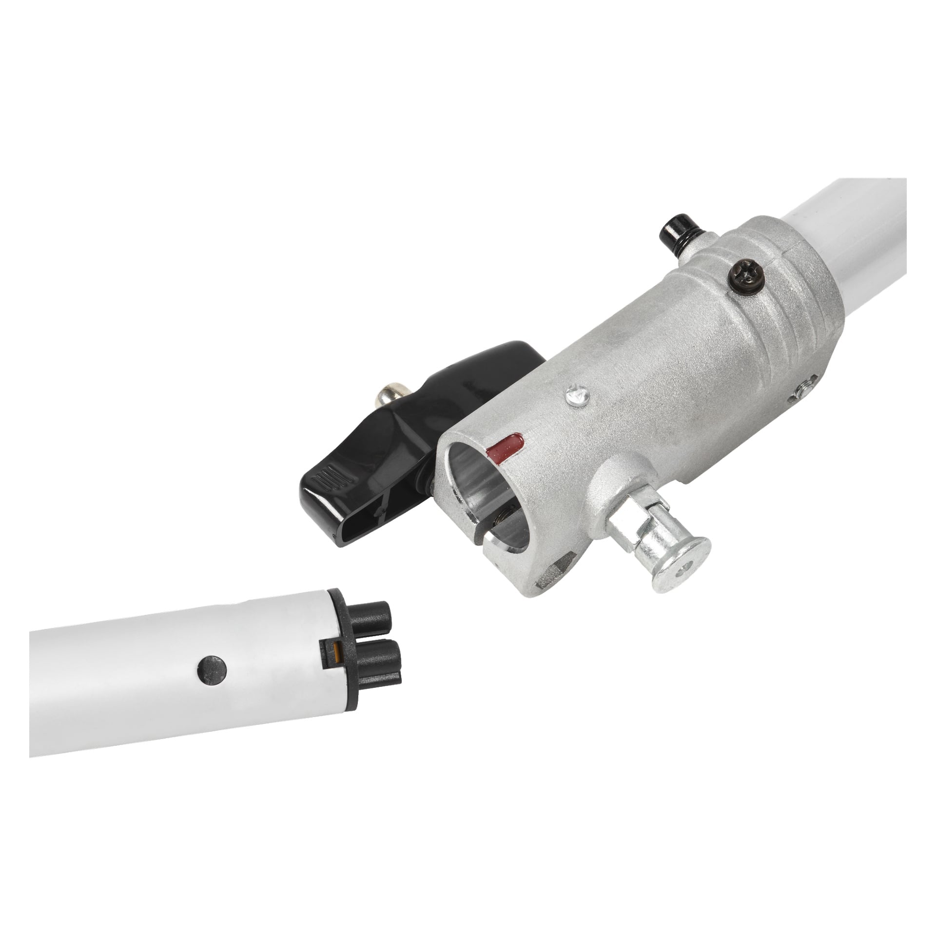Närbild på två delar från Meec Tools Multiseries 40 V Brush Cutter, som visar metall- och plaströr. Ett rör har svarta stift, medan det andra har en låsmekanism med en spak. Dessa komponenter är formade för att passa och fästas tillsammans för montering eller ökad stabilitet.