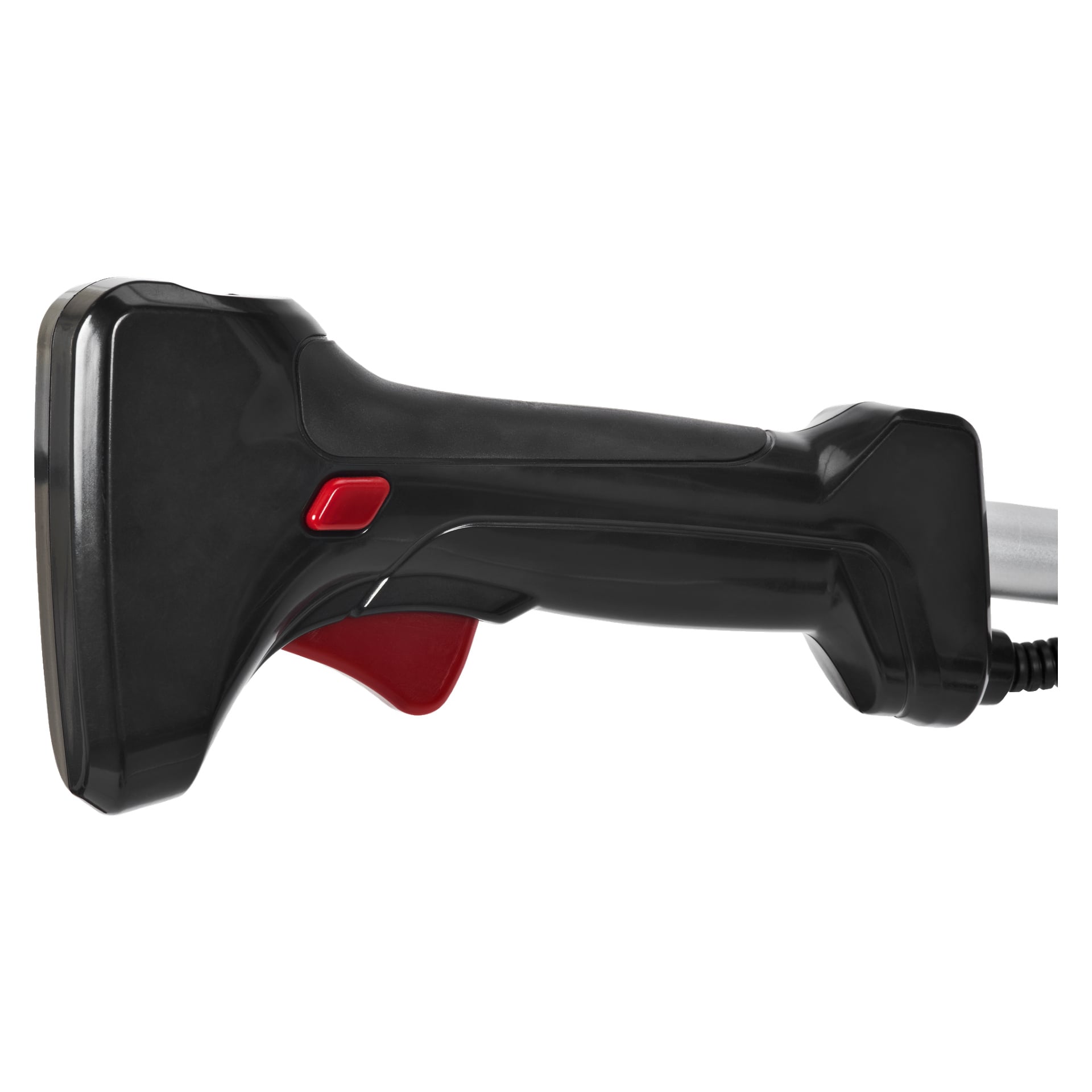 Närbild på Meec Tools Multiseries 40 V Brush Cutter som visar ett svart och rött handtag, avtryckarknapp och metallblad. Strömkabeln syns delvis på höger sida.
