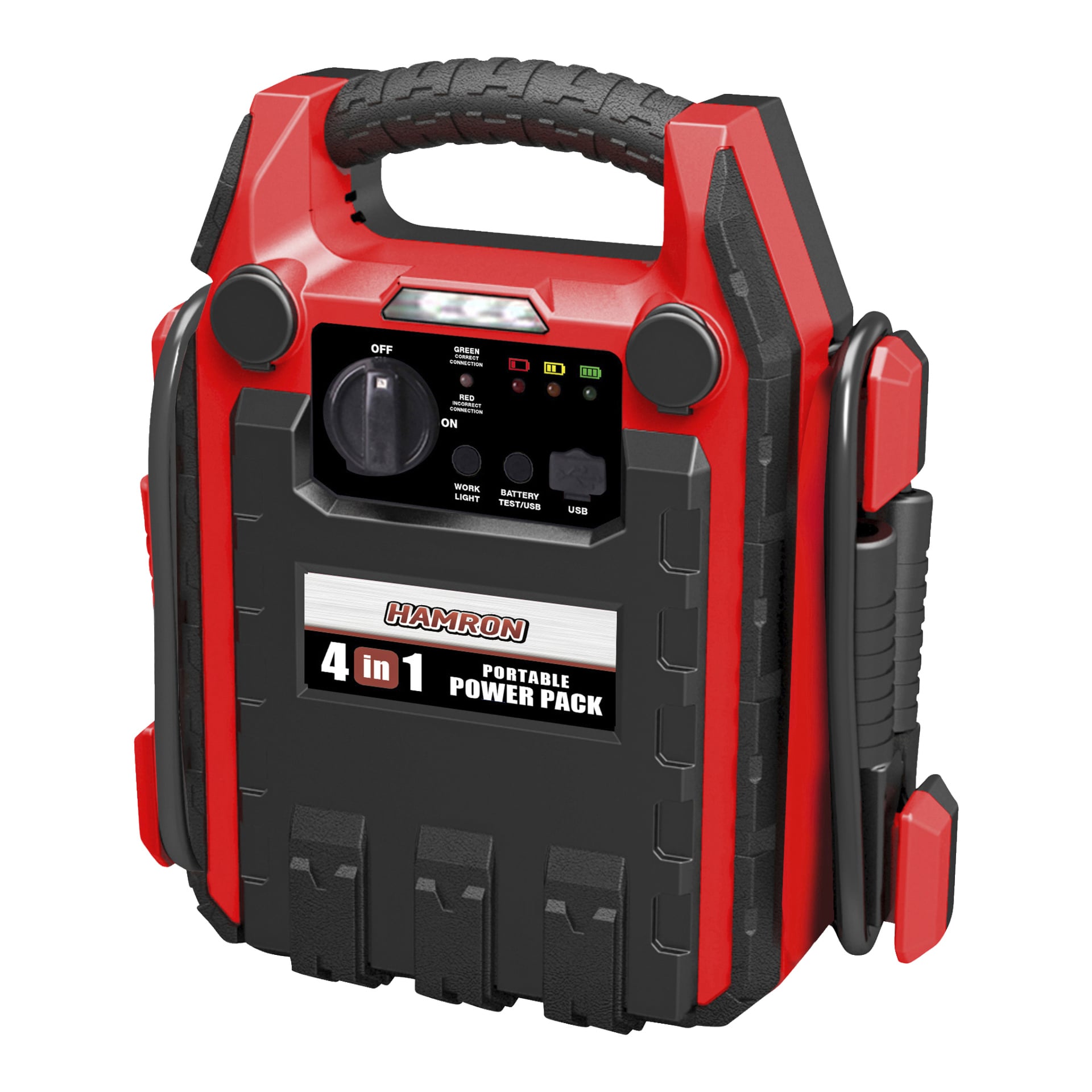 En rød og svart Hamron Jump starter 4-i-1 har håndtak, kontrollpanel, LED-indikatorer, av/på-bryter og startkabler festet på sidene. Fronten viser merkenavnet Hamron.