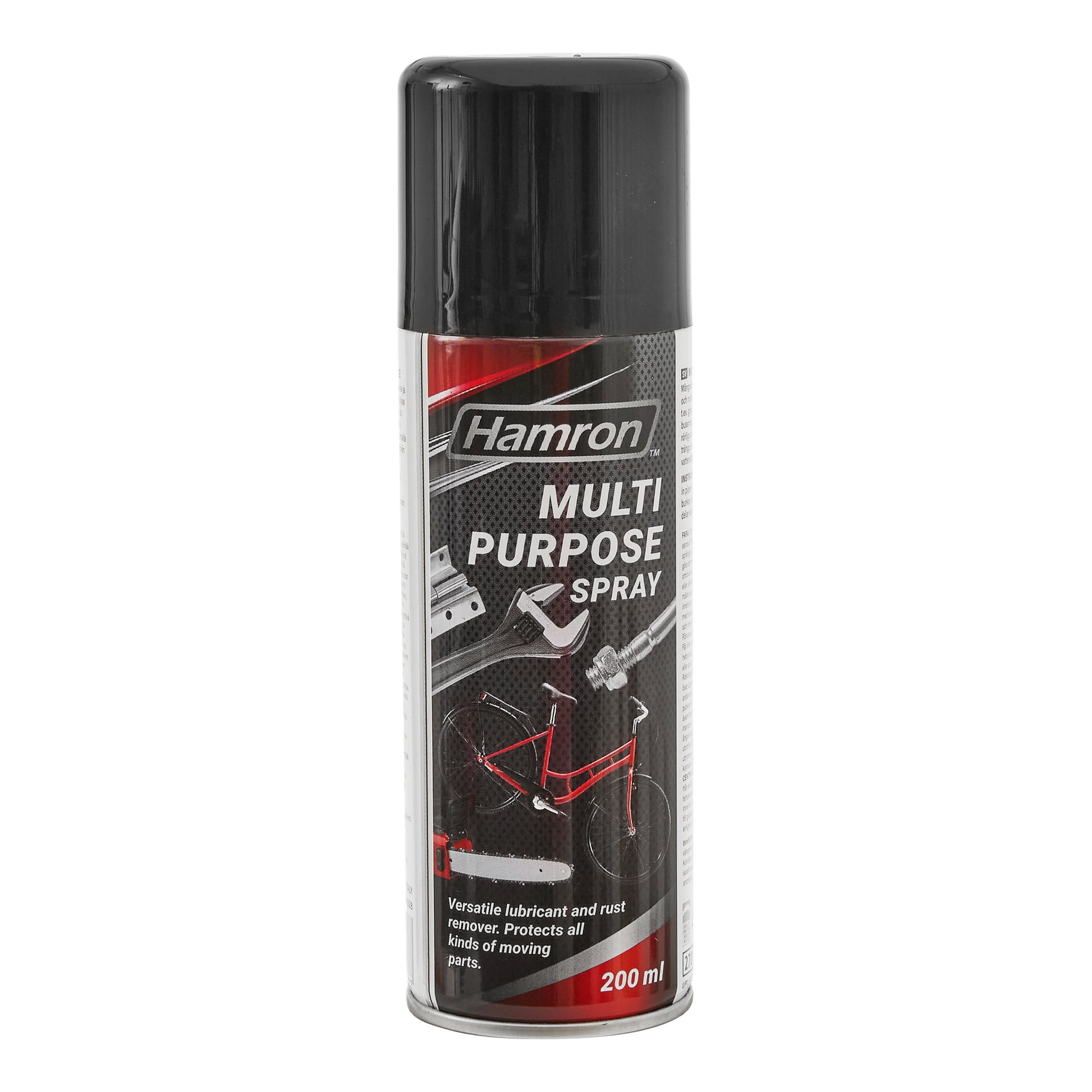 En 200 ml Hamron flerbruks sprayboks med svart kork. Etiketten viser illustrasjoner av verktøy, en sykkel og gir, og fremhever bruken som smøremiddel og rustfjerner for ulike mekaniske deler.