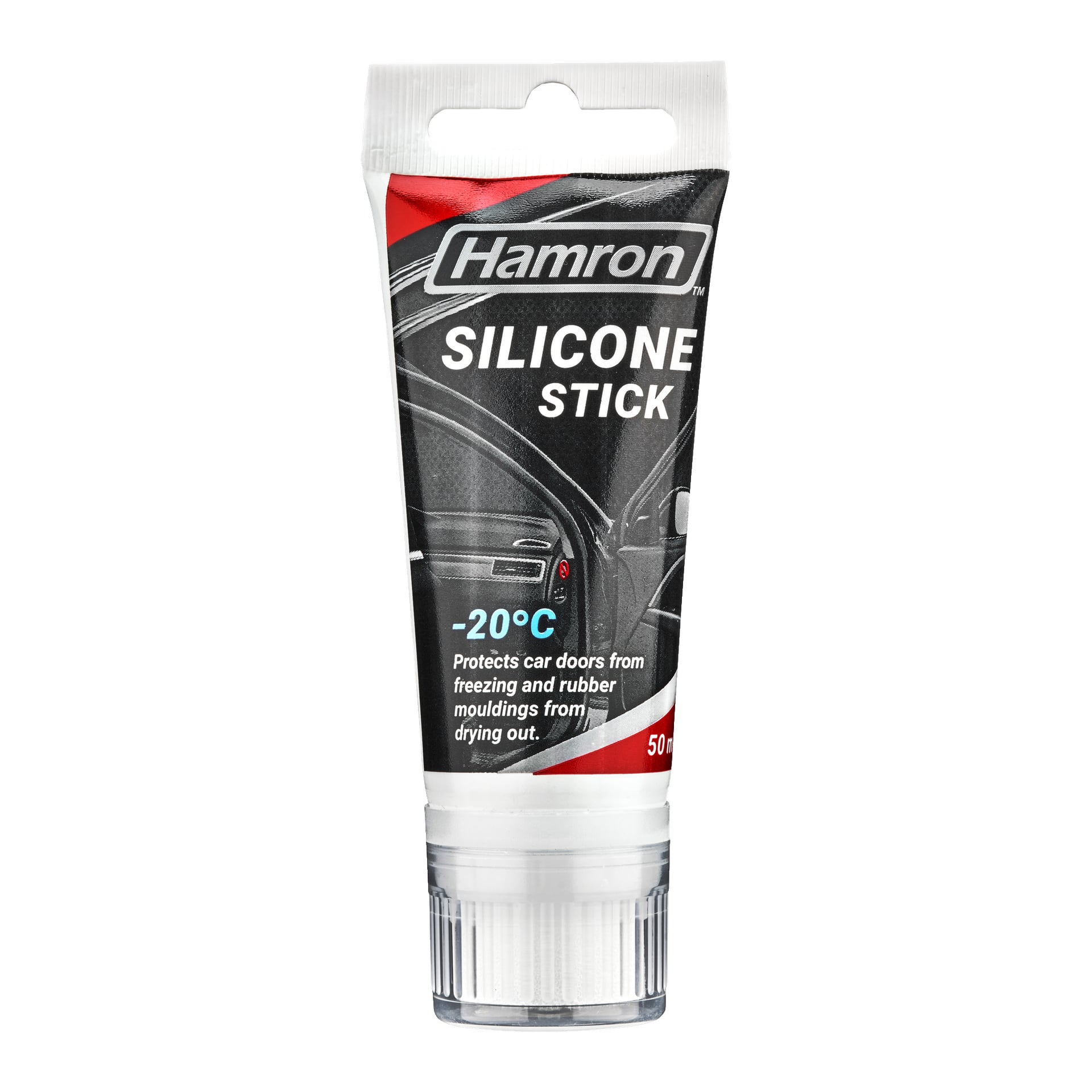 En 50 ml Hamron silikonstift visas, med förpackning som visar en bildillustration av bildörrar och visar att den förhindrar att bildörrar fryser och gummitätningar torkar, och den är effektiv vid temperaturer så låga som -20°C.