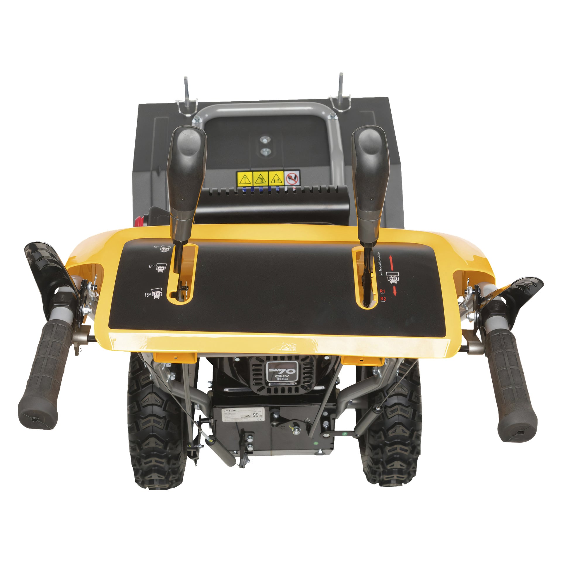 Widok z góry na Stiga Sweepers SWS 600 G, maszynę w żółto-czarnym kolorze z dwoma wyraźnymi dźwigniami, czarnymi uchwytami, widocznymi kołami, wieloma etykietami ostrzegawczymi oraz wentylowaną pokrywą silnika.