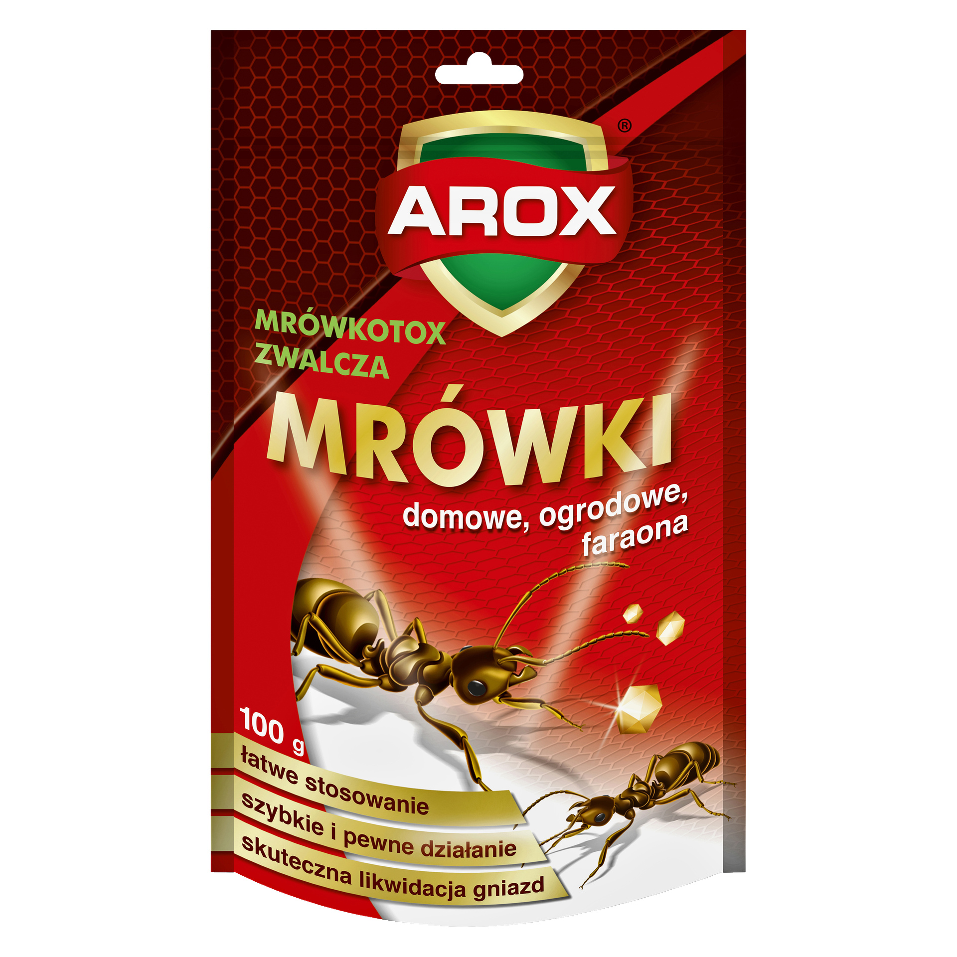 Czerwono-żółte pudełko Agrecol Ant Killer z wizerunkami mrówek i złotymi sześciokątami na froncie. Opakowanie podkreśla jego skuteczność, łatwość obsługi i wskazuje, że jest przeznaczony dla mrówek domowych, ogrodowych i faraońskich. Widoczna jest etykieta 100g.