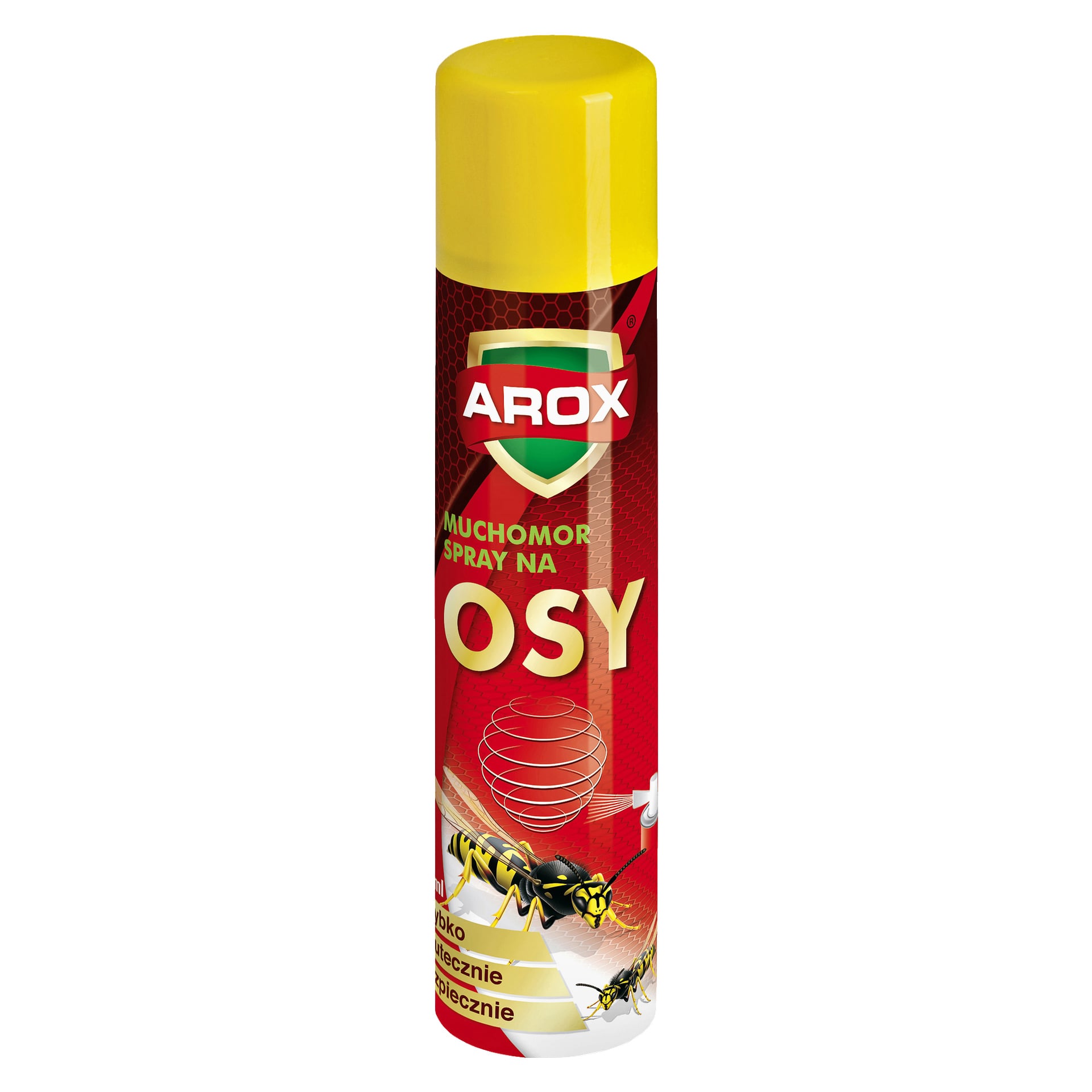 Czerwono-żółta puszka aerozolu oznaczona jako Agrecol jest pokazana jako spray dla os, z obrazami os i wirującym grafikiem zdobiącym dolną połowę puszki.