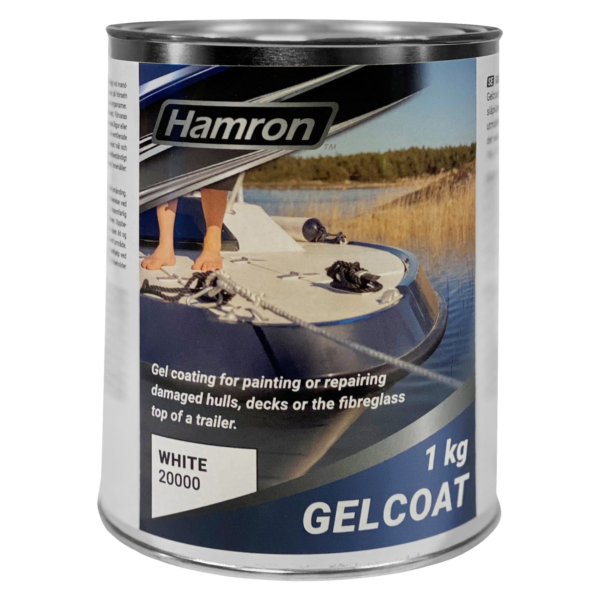En 1 kg beholder med Hamron Gelcoat (hvit 20000) designet for bruk på skadede eller slitte skrog, dekk og glassfiber. Boksen viser en illustrasjon av en båt og inkluderer informasjon om produktets bruksområde.