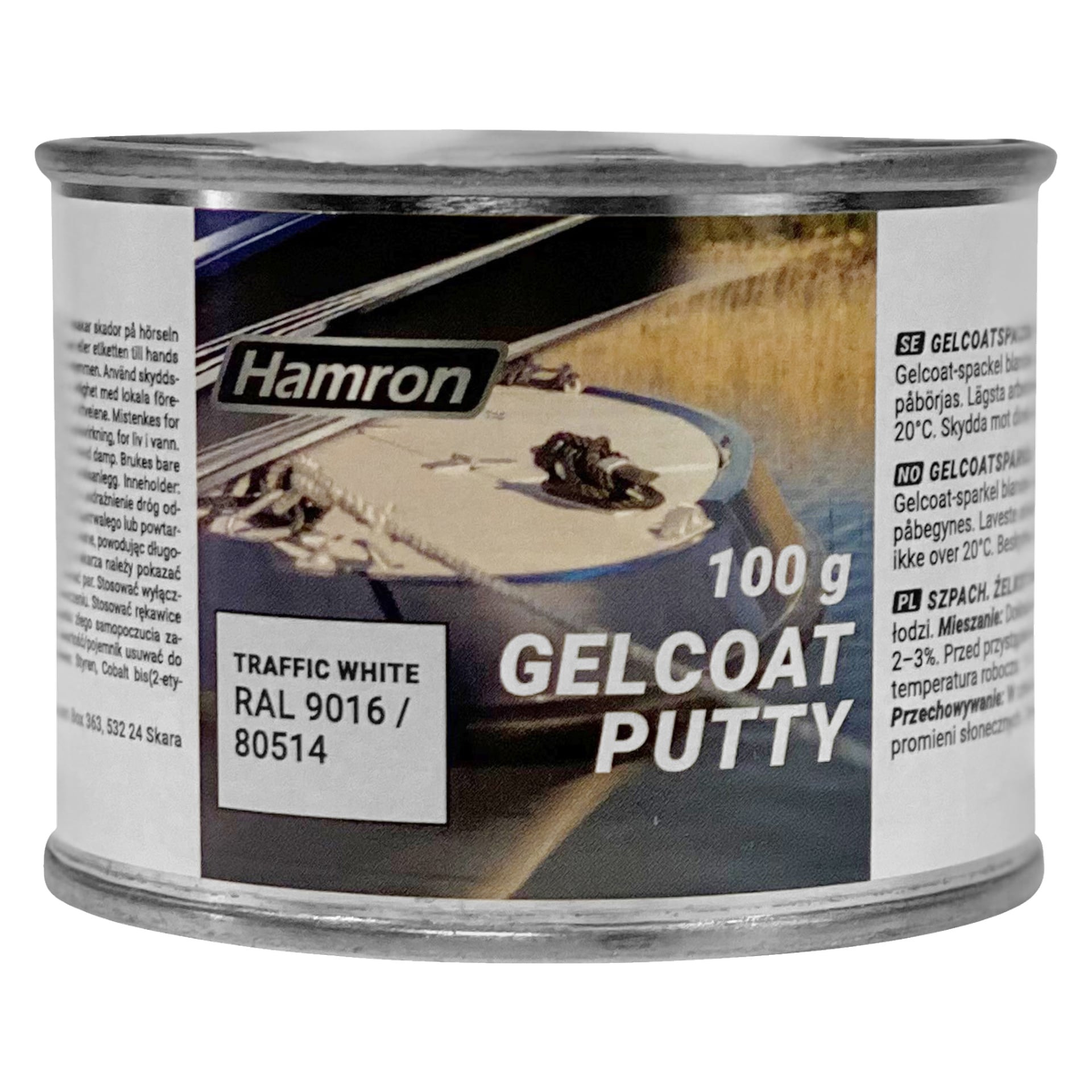 En 100 g burk Hamron Gelcoat-fyllmedel i Traffic White (RAL 9016 / 80514), med märkning och en illustration som visar ytreparation.