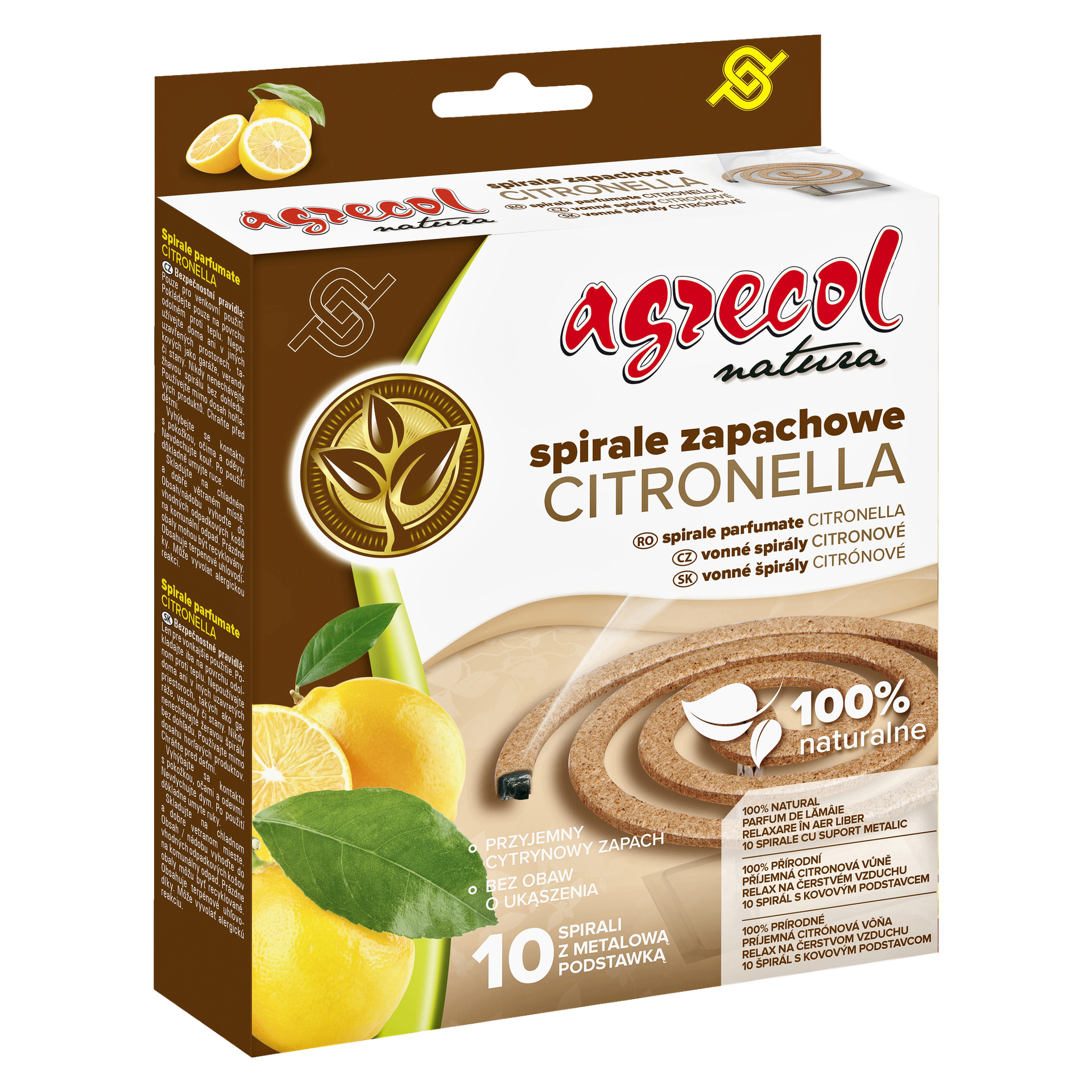 Agrecol Mosquito Coils Natura 10-pack z metalowym stoakiem, cytrynami, zielonymi liśćmi i informacjami o produktach wyświetlane. Opakowanie podkreśla naturalne składniki i zawiera 10 spiral na komary. Tło łączy odcienie żółci, zieleni i brązu.